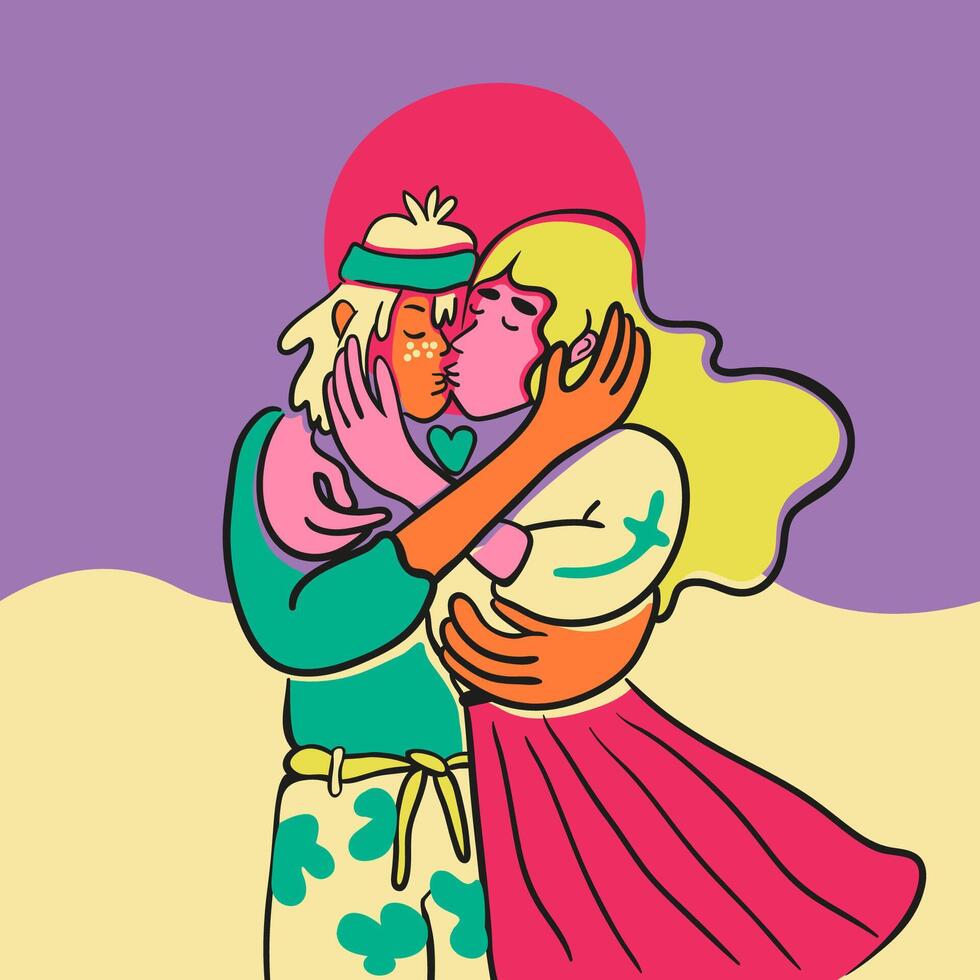 romantic couple kissing on the sunset in color vector