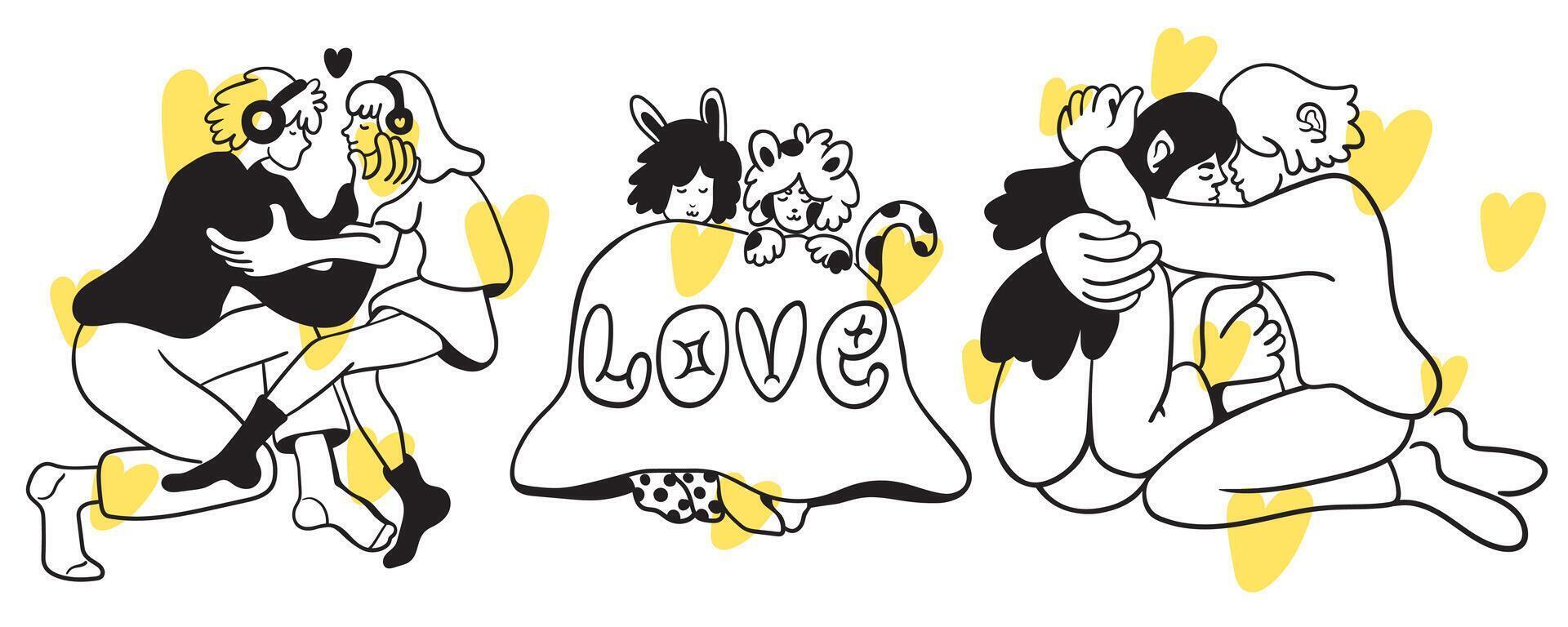 set of siting couples in doodle style vector