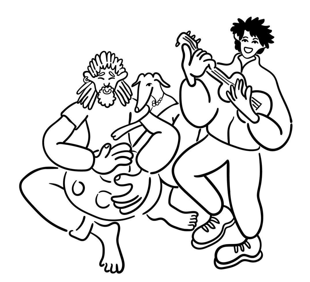 characters with dog play guitar in doodle style vector
