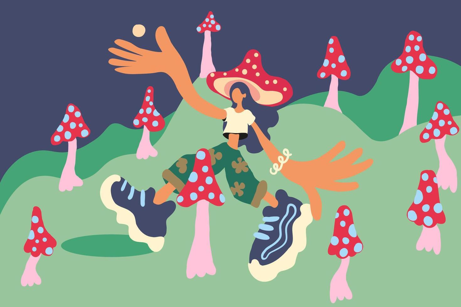 character walking in mushroom forest in doodle style in color vector