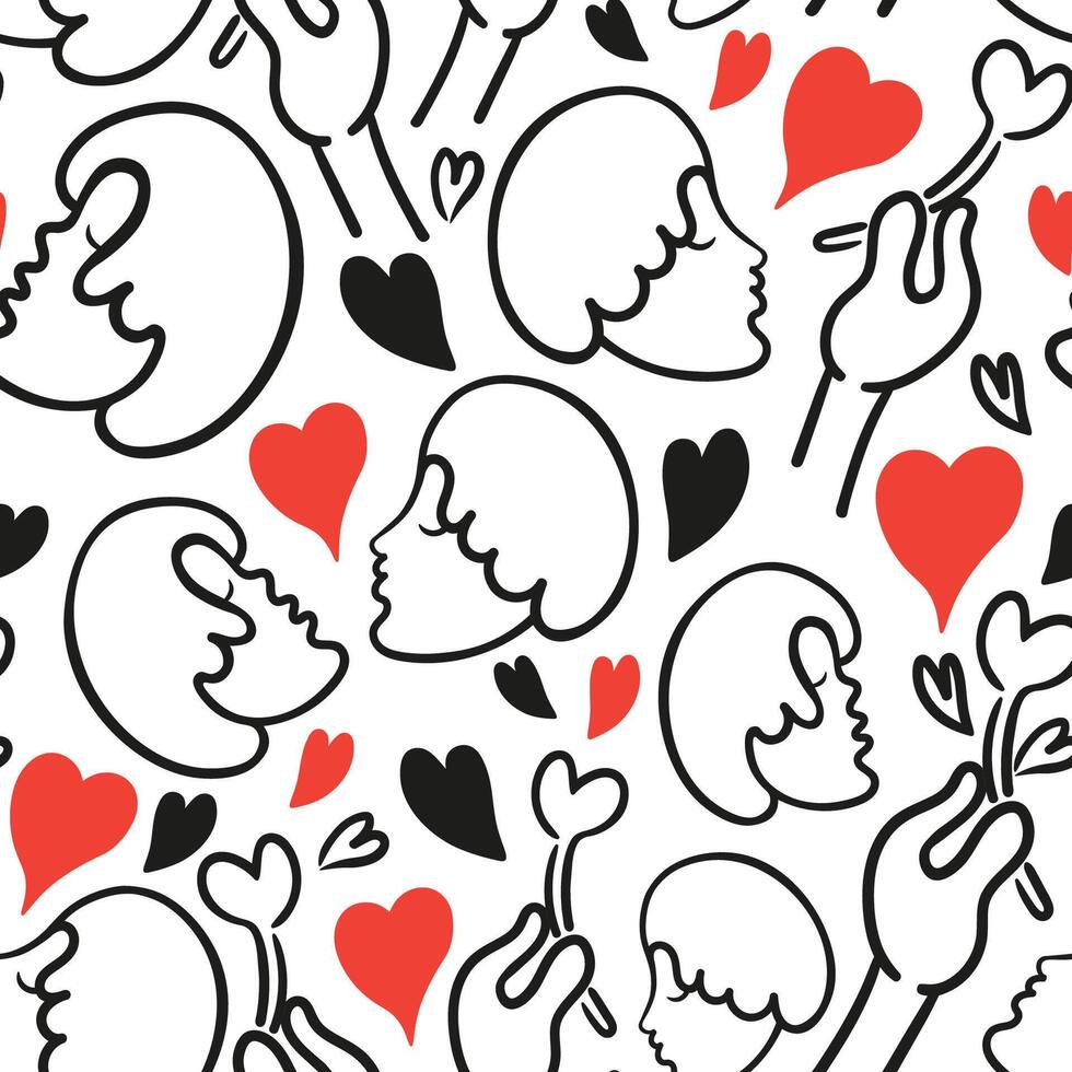 seamless pattern with couples and doodles in black red and white colors vector