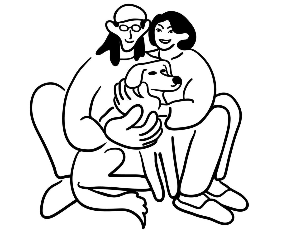 couple sit with dog in doodle style vector