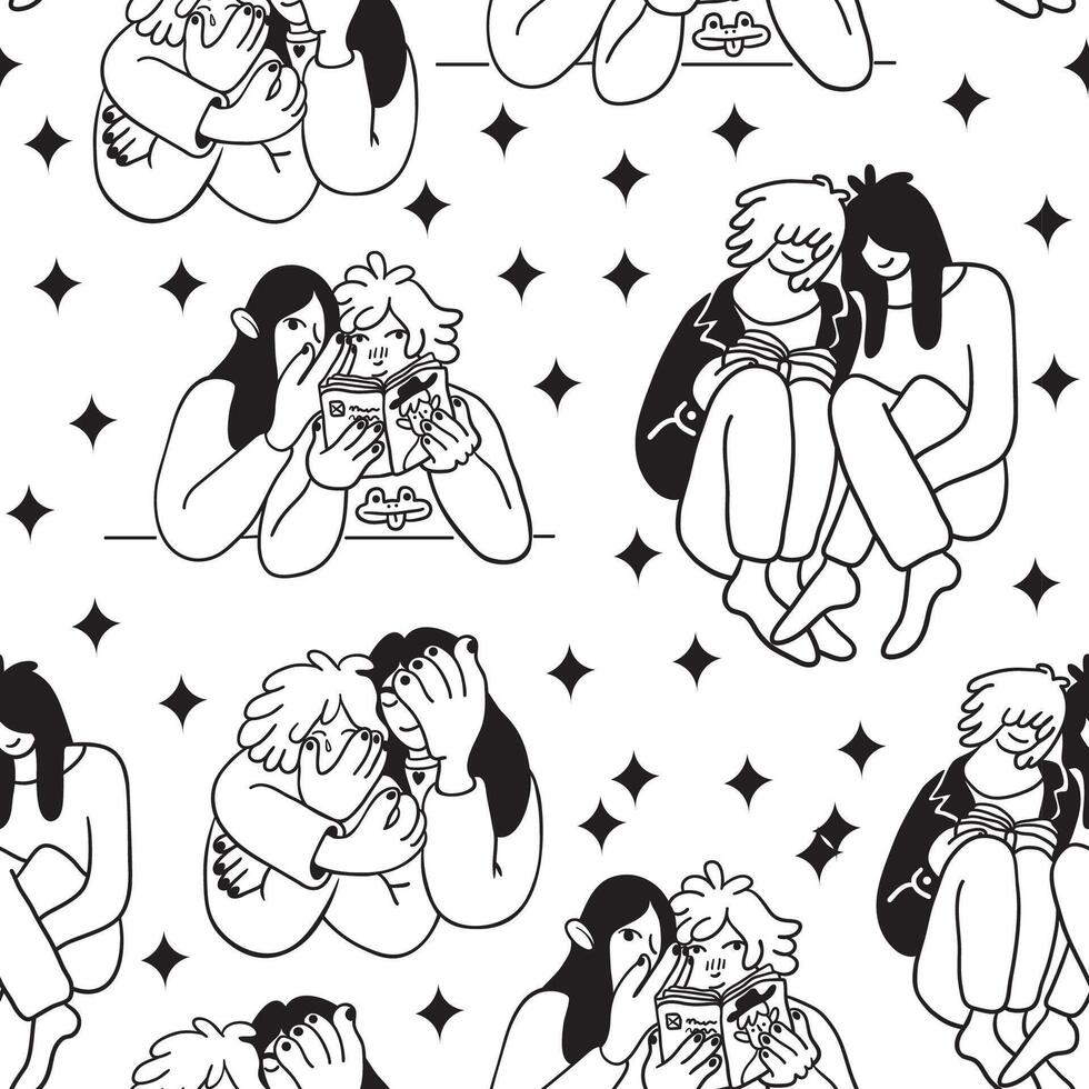seamless pattern with couples and stars in doodle style vector