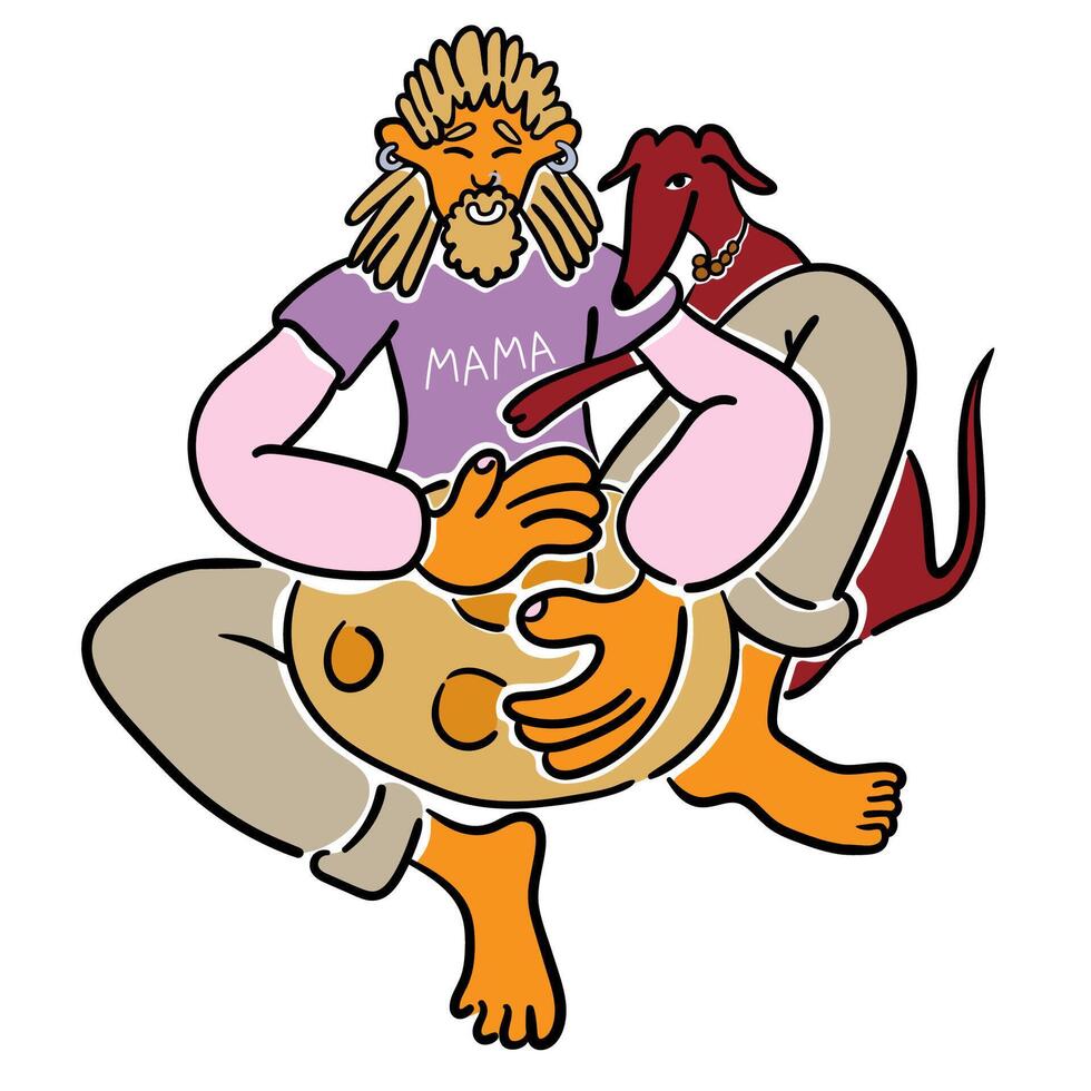 male sit with dog and play instrument in doodle style in color vector