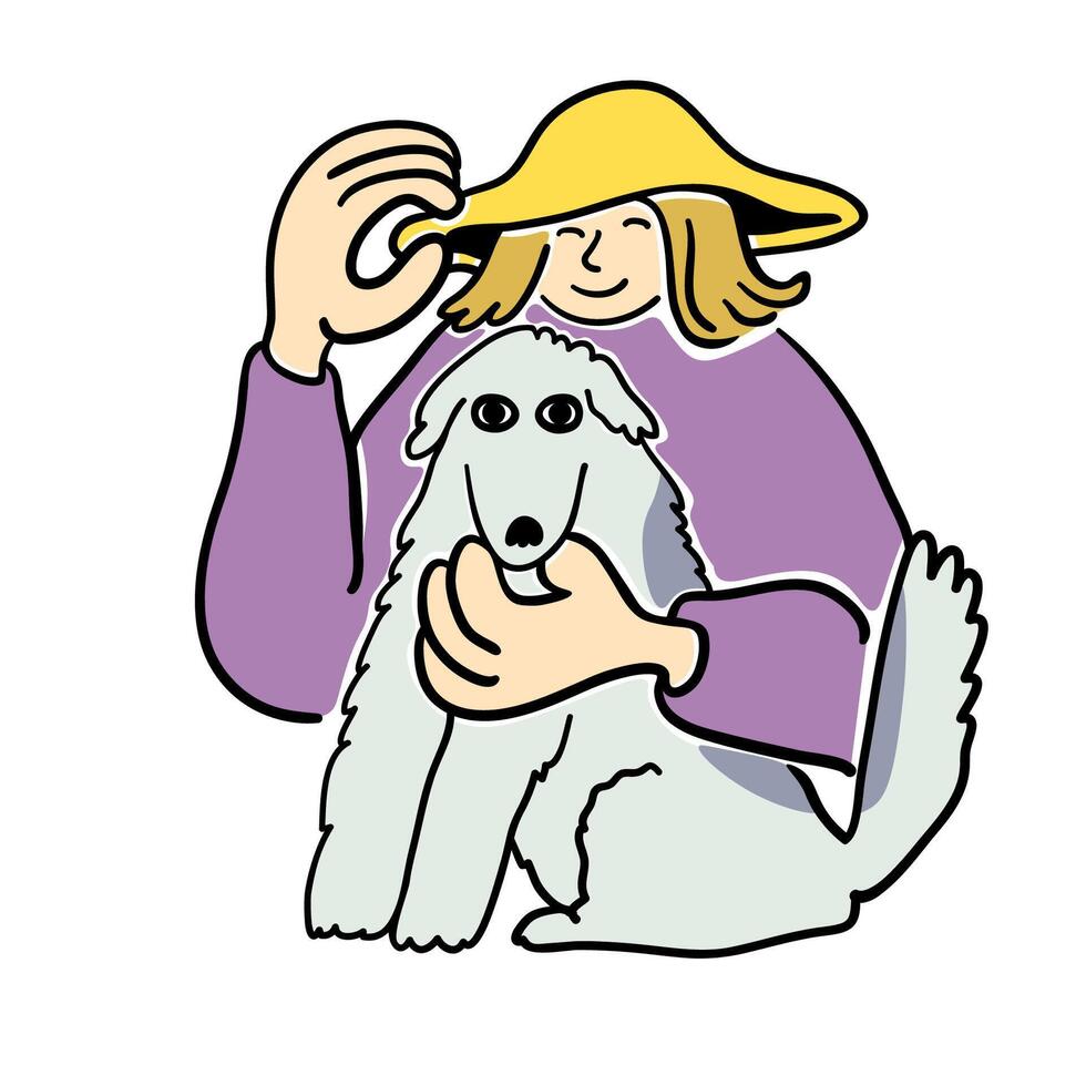 female with dog in doodle style in color vector