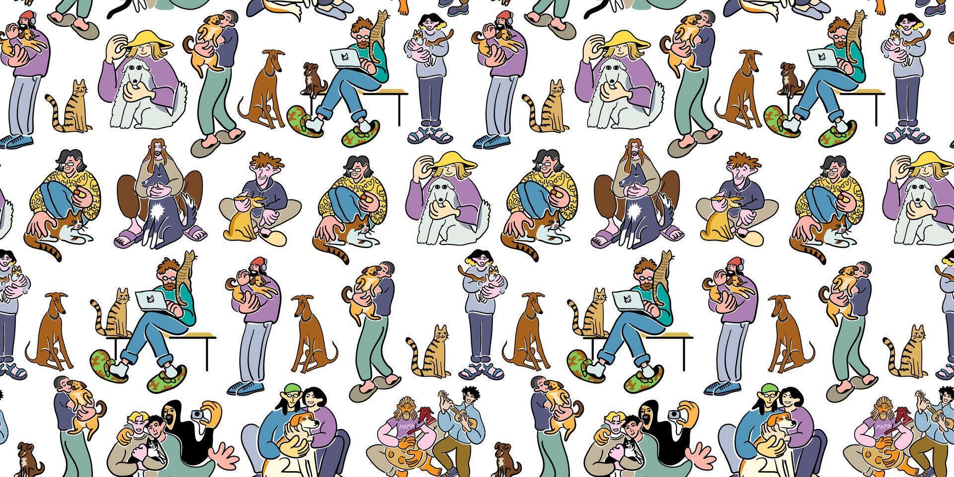 seamless pattern with people and pet animals vector