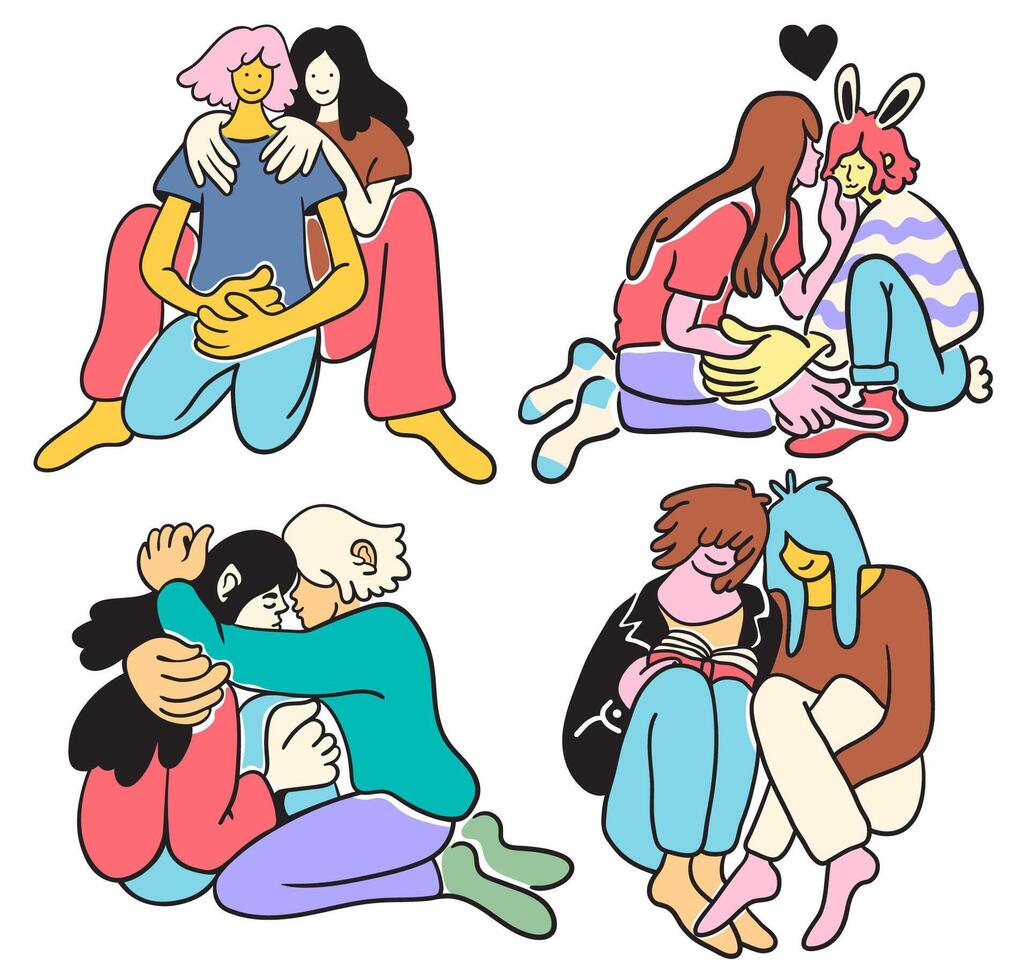 set of romantic couples sit and hugs in doodle style in color vector