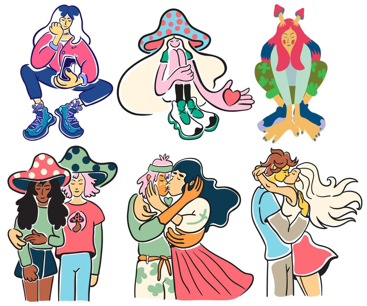 set of romantic couples and alone female sitting in doodle style in color vector