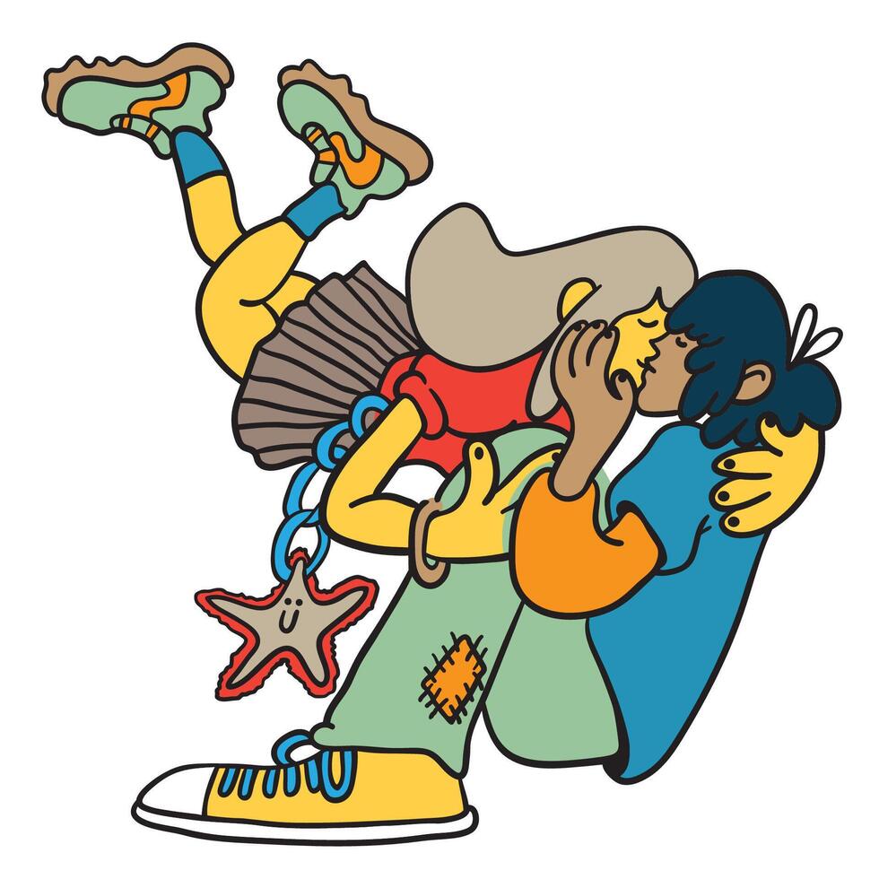 romantic LGBT couple kiss in hand drawn style in color vector
