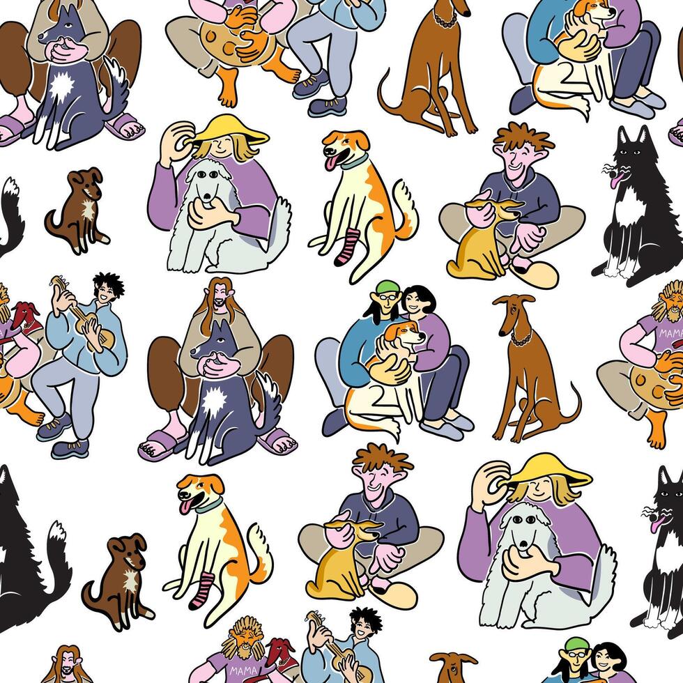 seamless pattern with people and dogs vector