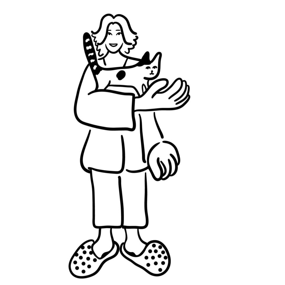 female with cat in doodle style vector