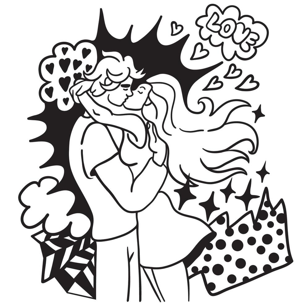 romantic couple kissing with comix elements in comix style vector