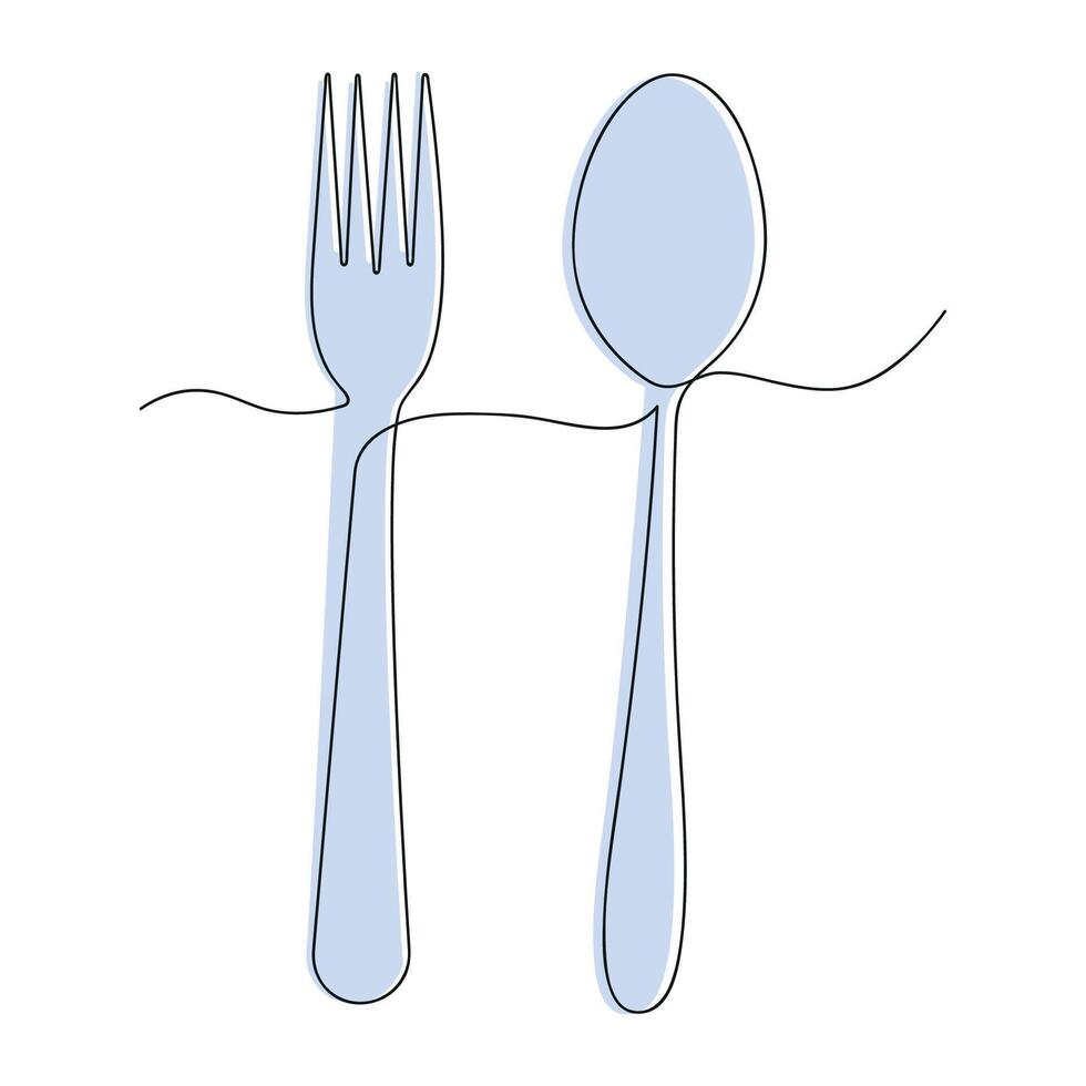 Fork and spoon in one continuous line in color. One line drawing, minimalism. vector