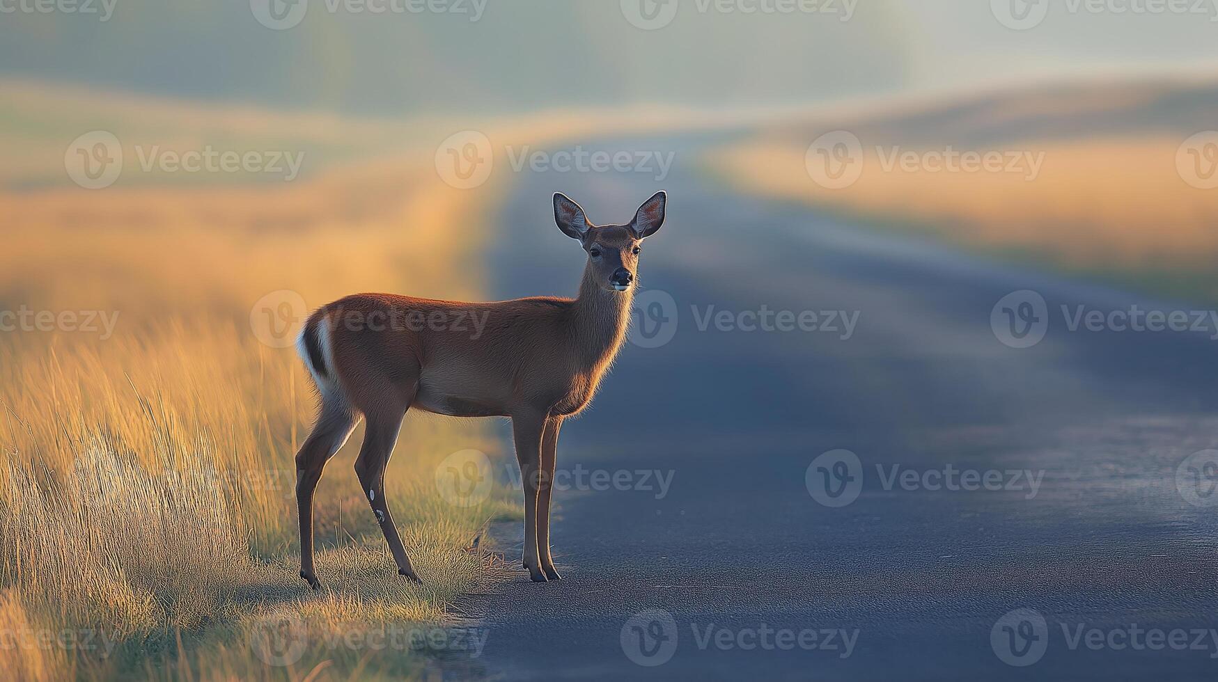 a deer stands on the side of a road in the morning photo