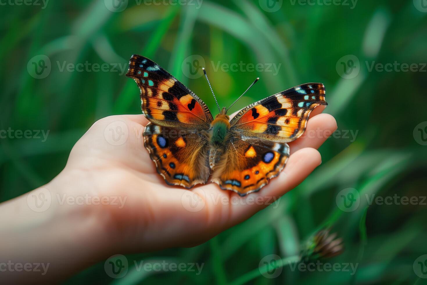a person holding a butterfly on their hand photo