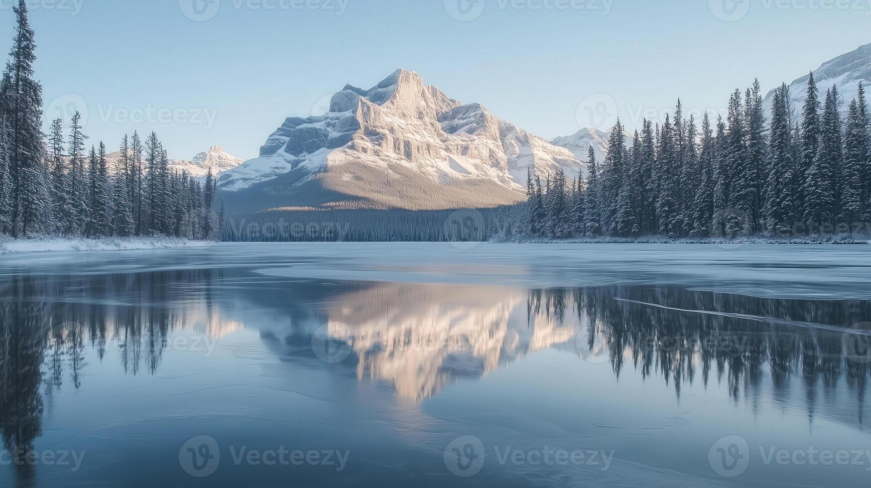 a mountain range is reflected in the water of a lake photo