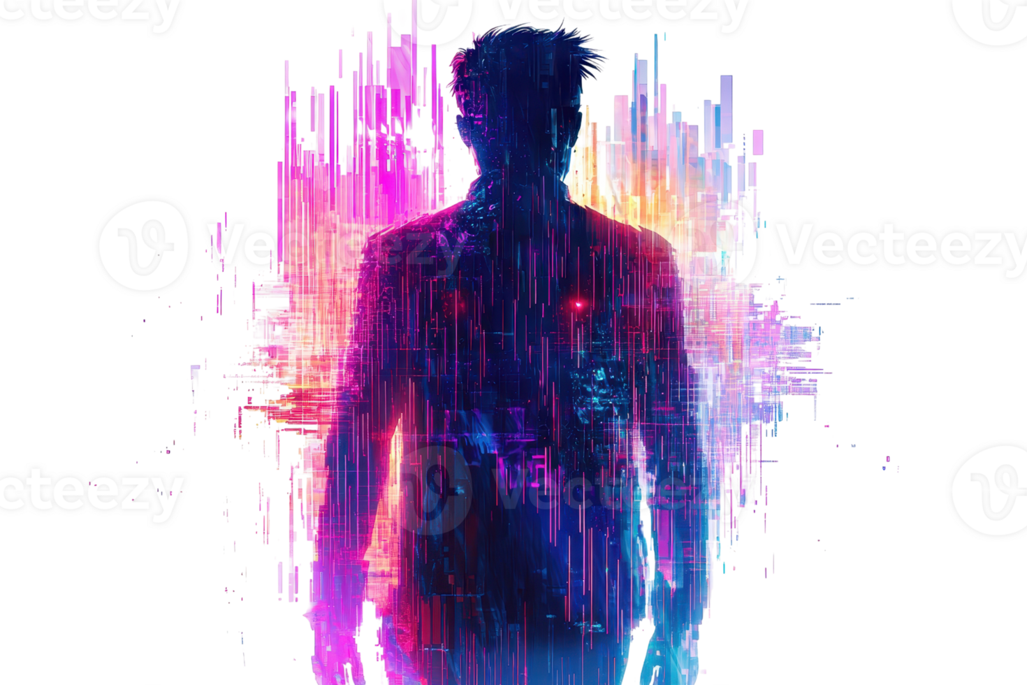 Silhouette of a person against a vibrant, abstract digital background with colorful glitch effects, depicting modern technology and creativity. png