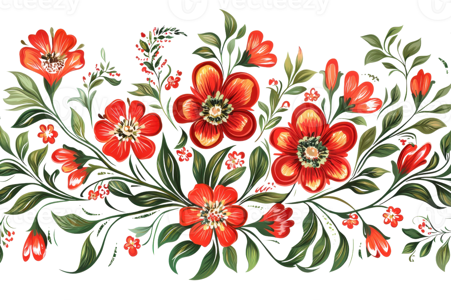 Vibrant floral illustration featuring red blossoms with lush green leaves. Perfect for spring designs, invitations, and decorative purposes. png