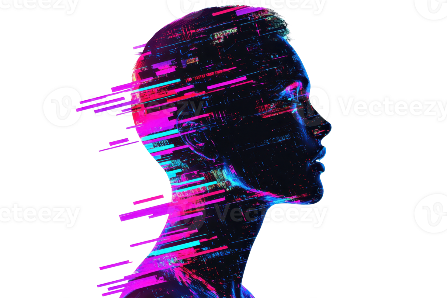 Vibrant digital art portraying a human silhouette with glitch effects and neon colors. Represents technology and digital transformation. png