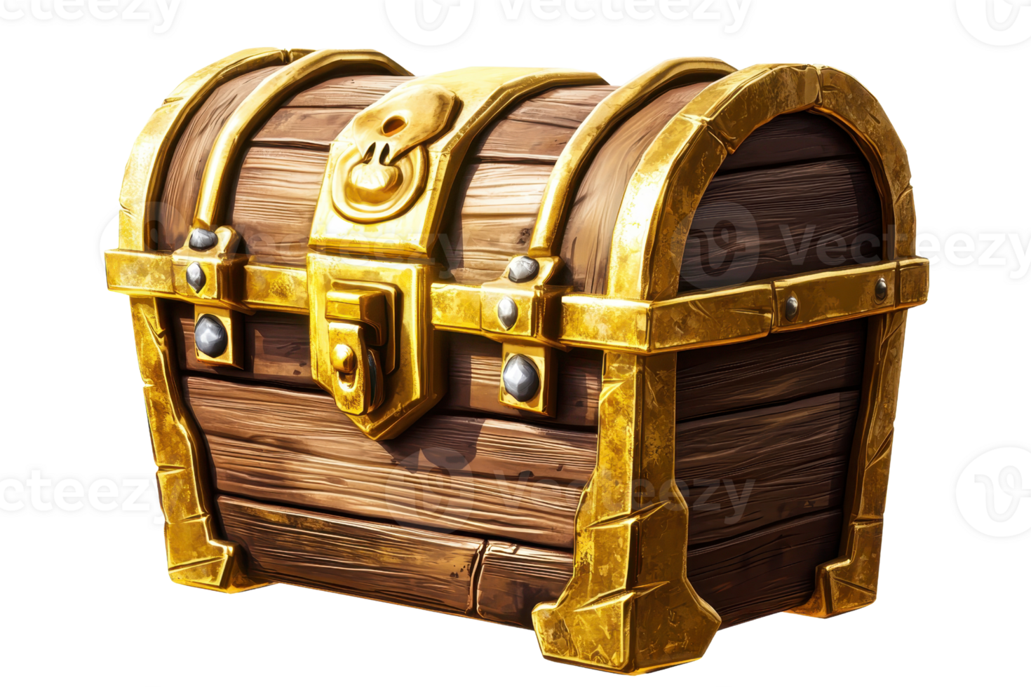 Wooden treasure chest with gold trim, locked and mysterious, symbolizing adventure and hidden secrets, isolated on a transparent background. png