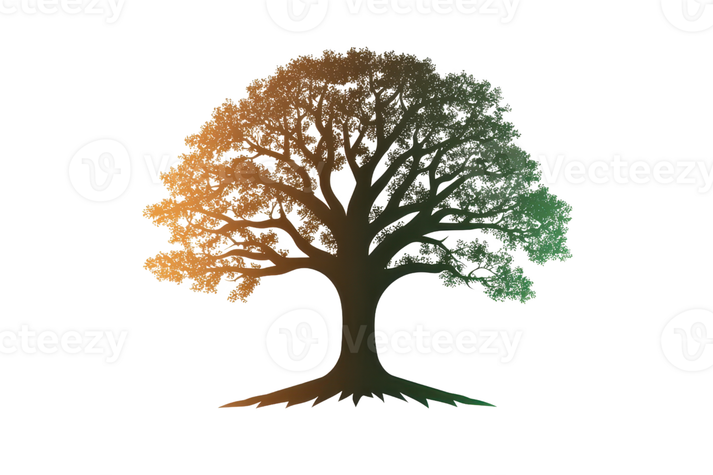 Vibrant tree silhouette transitioning from brown to green, symbolizing nature and seasonal change. Ideal for eco-themed projects. png