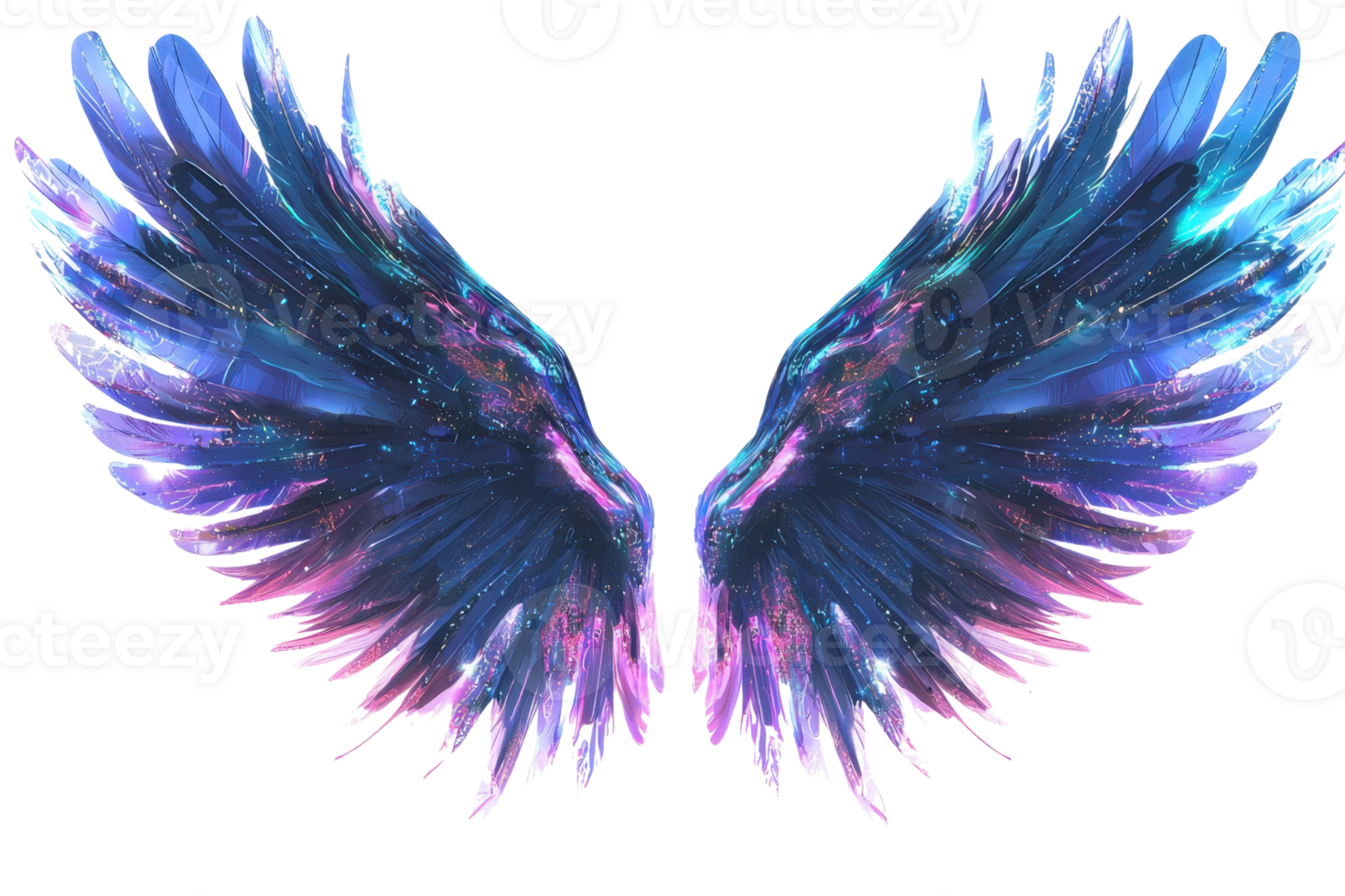 Vibrant digital illustration of colorful, ethereal wings with a cosmic theme, showcasing a blend of blues and purples for fantasy design concepts. png