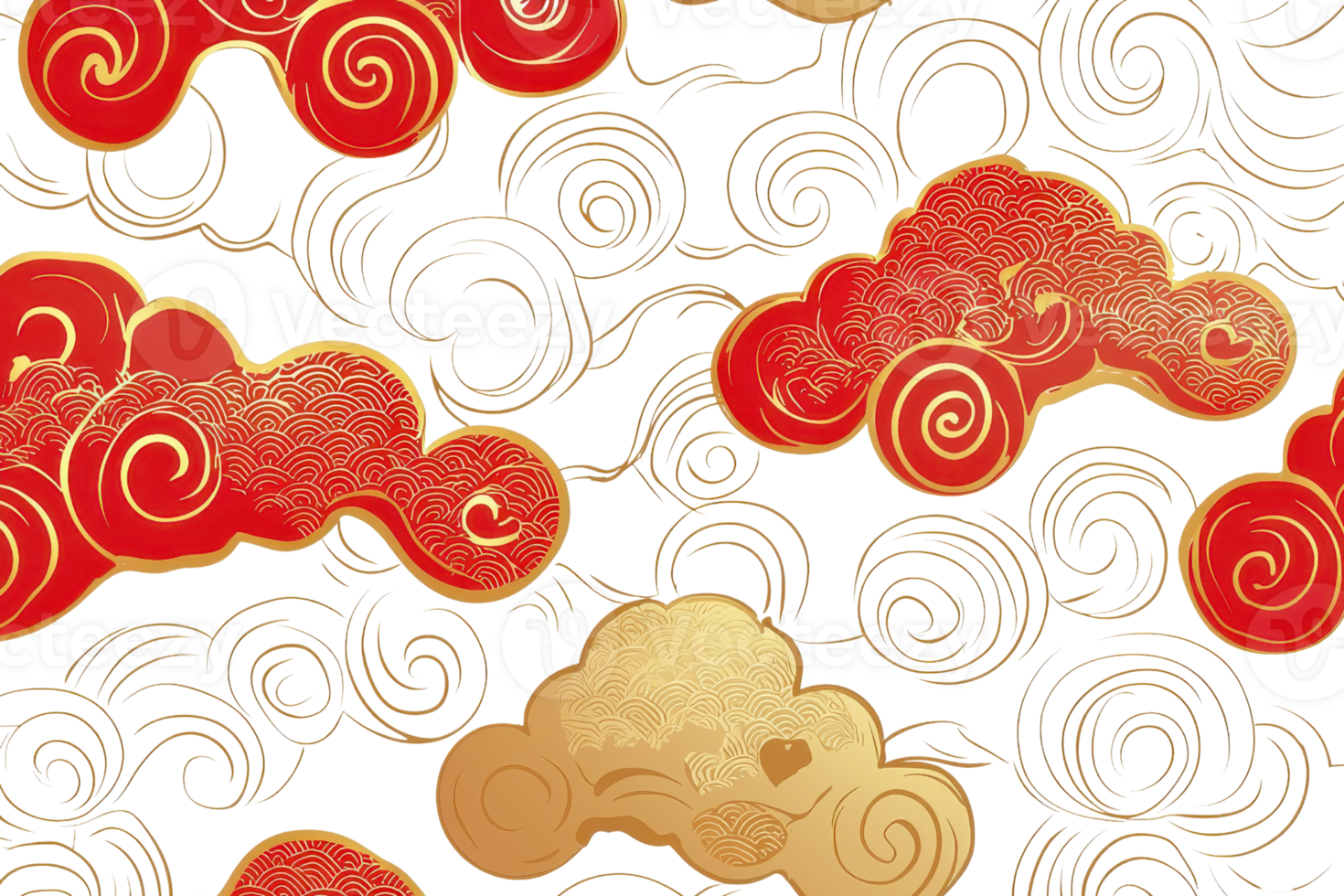 Seamless elegant Asian cloud pattern with red and gold swirls on a transparent background, perfect for textiles, wallpapers, or decorative designs. png