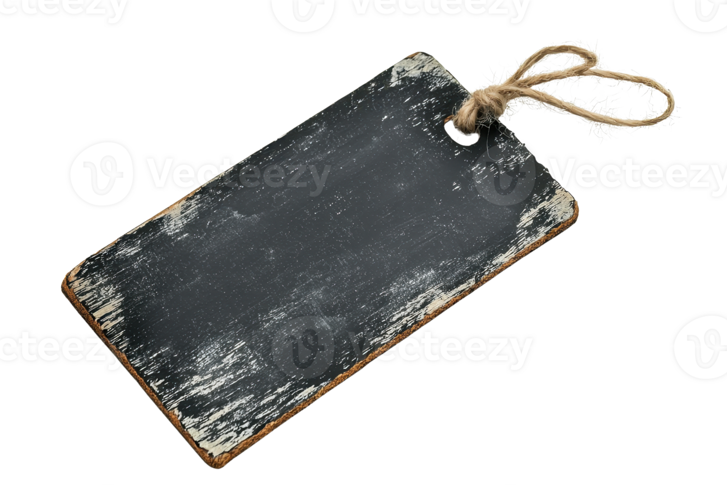 Vintage black chalkboard tag with rope tie on transparent background. Ideal for rustic decor, DIY projects, or personalized gift labels. png