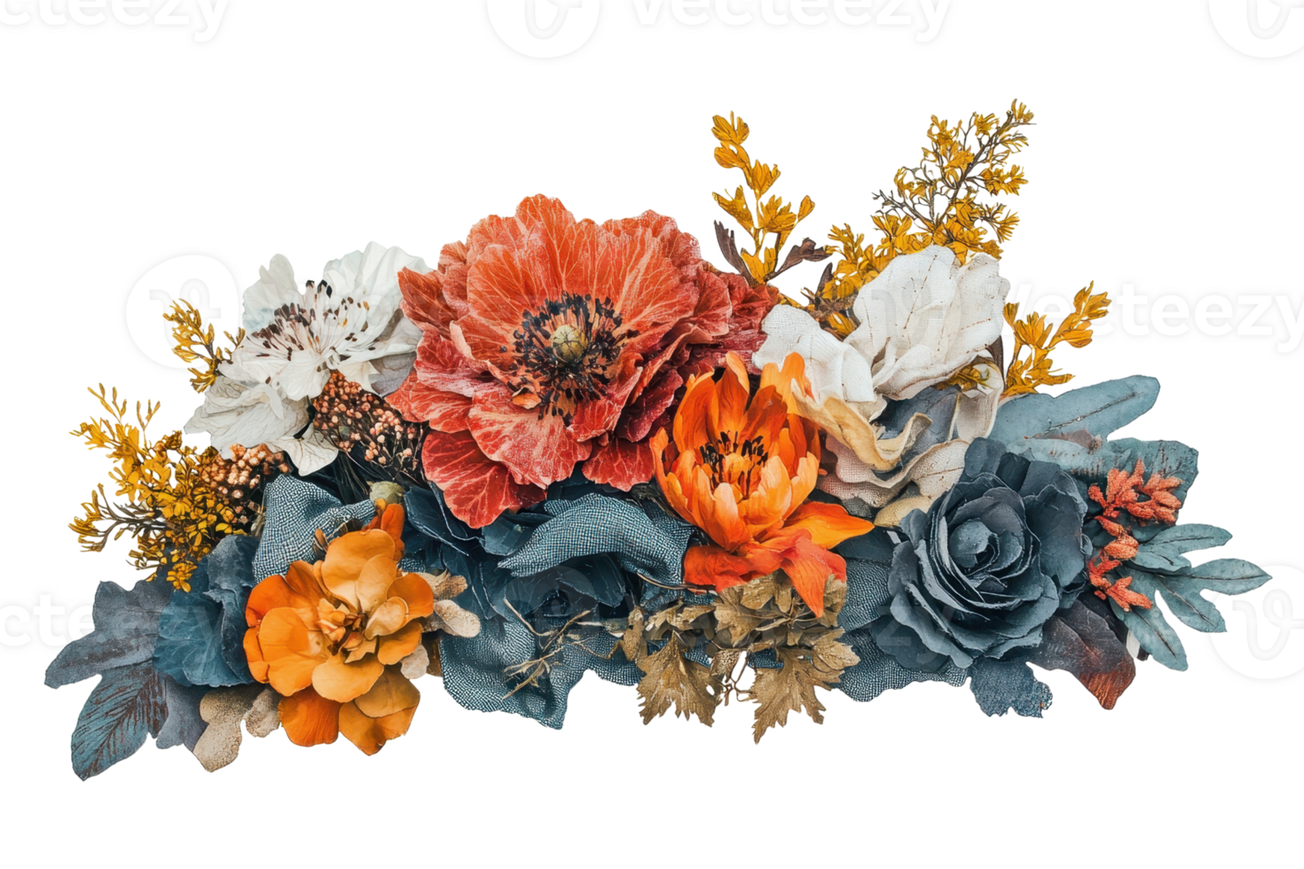 Vibrant floral arrangement with diverse flowers and leaves, showcasing a stunning blend of colors and textures for a lively aesthetic. png