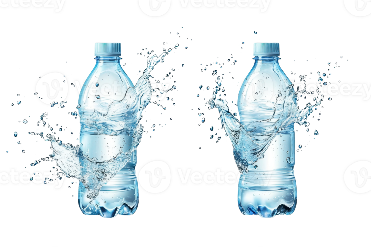 Two plastic water bottles with splashing water on transparent background, showcasing freshness and hydration concept in high resolution image. png