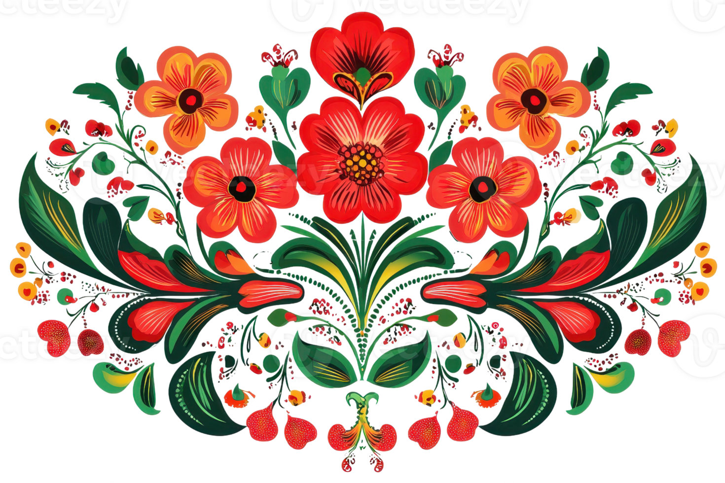 Vibrant floral design with red and orange blossoms, lush greenery creating an intricate pattern. Perfect for artistic and decorative projects. png