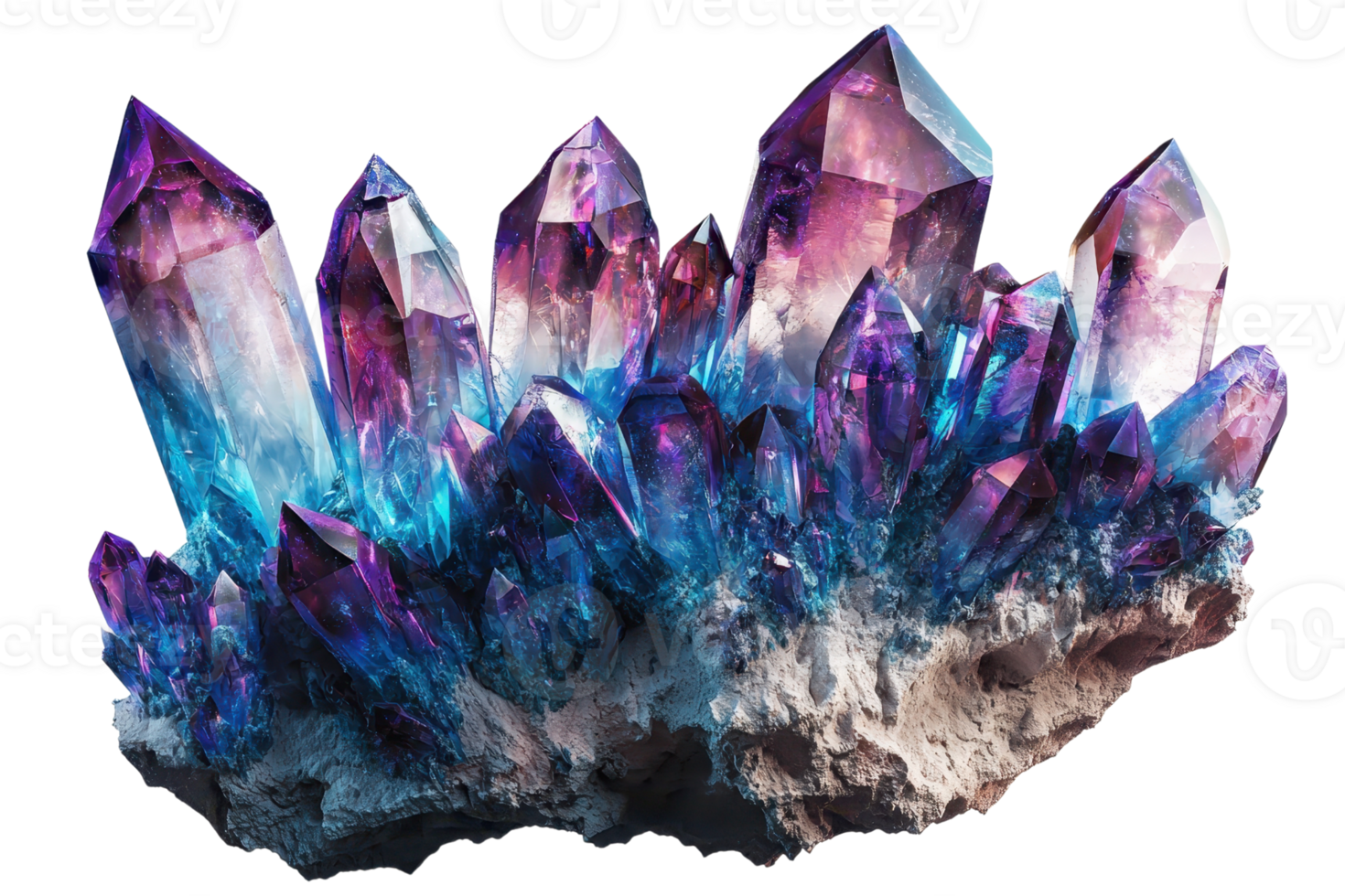 Vibrant amethyst crystal cluster with radiant purple and blue hues, showcasing natural geological formations and sparkling beauty. png