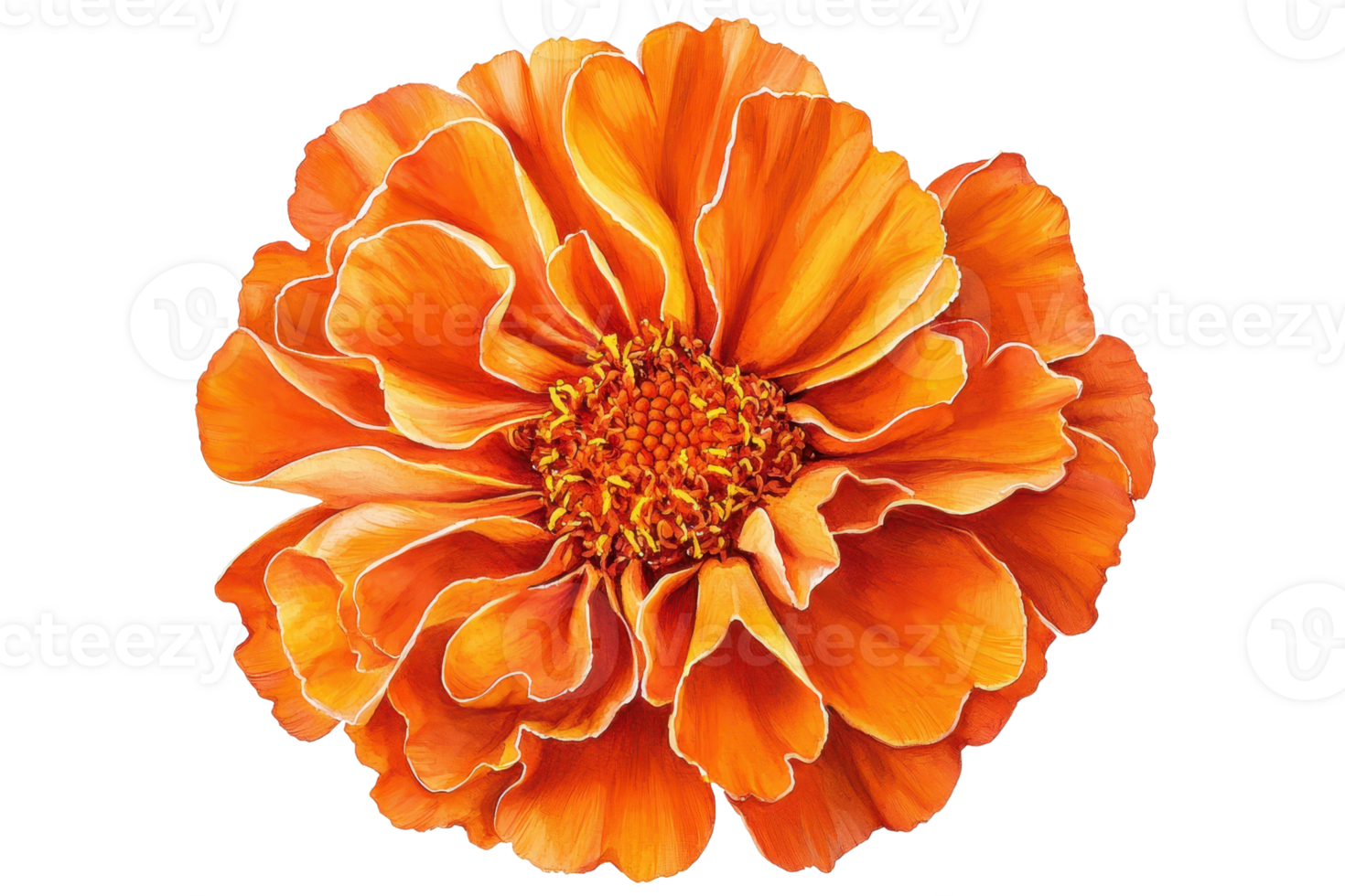 Vibrant orange marigold flower isolated on transparent background, showcasing intricate petal detail and vivid color, perfect for floral designs. png