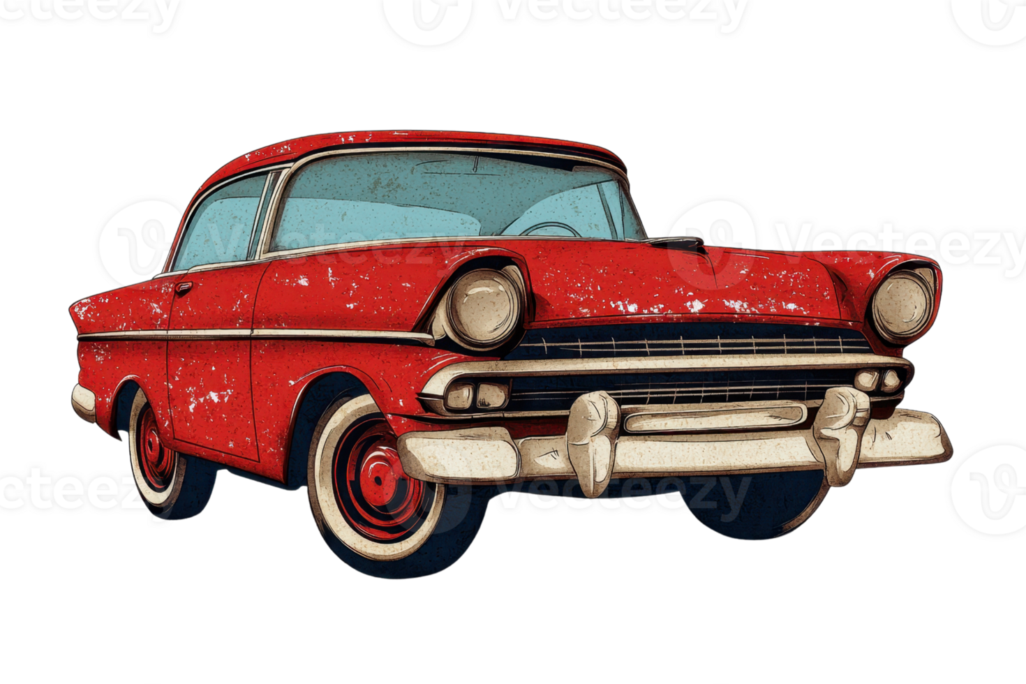 Vintage red classic car illustration with worn textures, showcasing retro design and nostalgic charm. Ideal for automotive enthusiasts. png