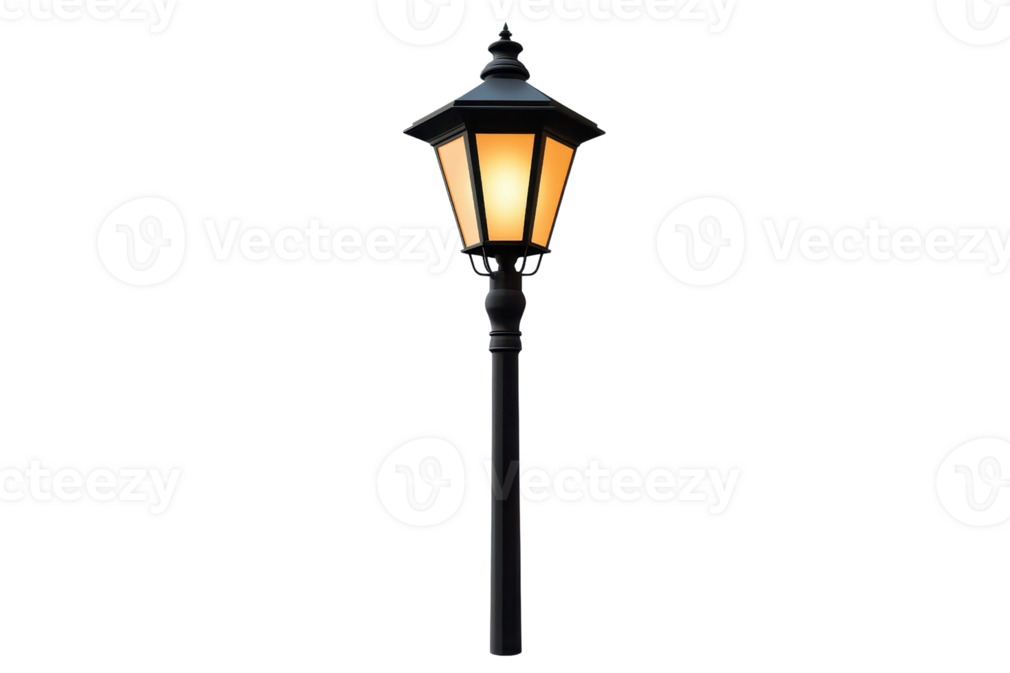 Classic black street lamp with a warm glow, standing alone on a transparent background, perfect for urban and vintage designs. png