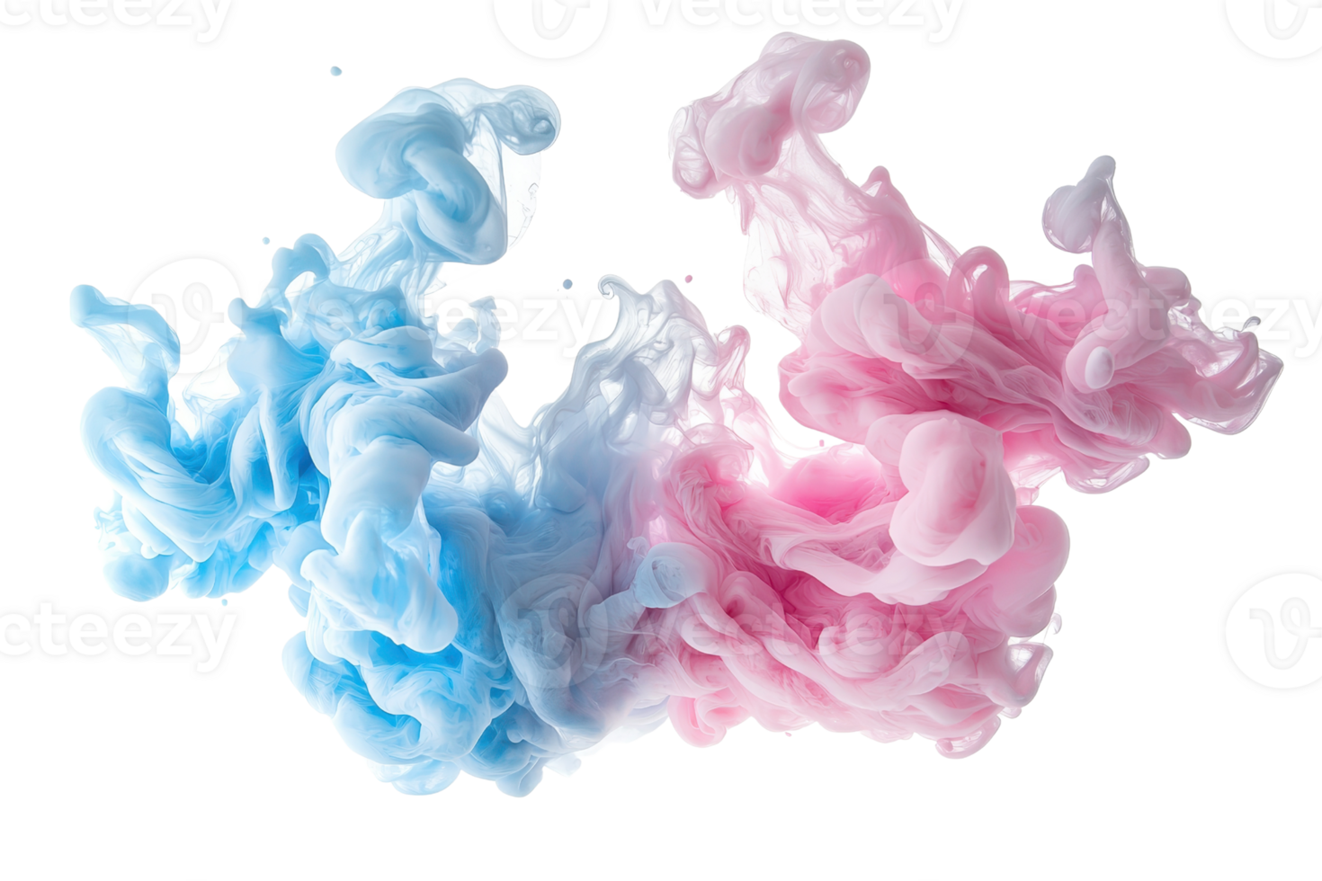 Vibrant blue and pink ink clouds swirling in water creating a stunning abstract design with soft, flowing textures and dynamic movement. png