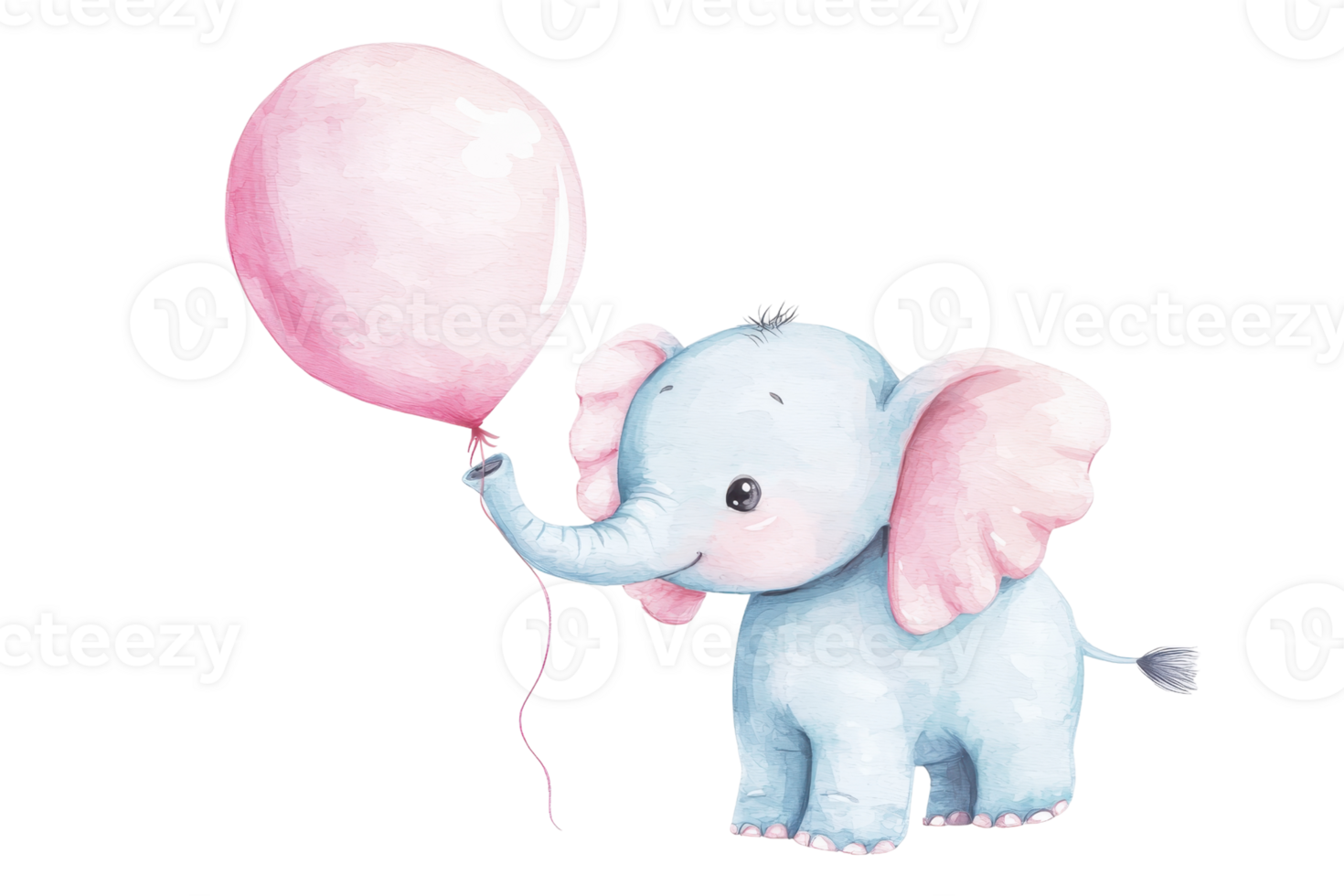 Adorable watercolor illustration of a cute blue elephant holding a pink balloon, perfect for children's decor or nursery themes. png