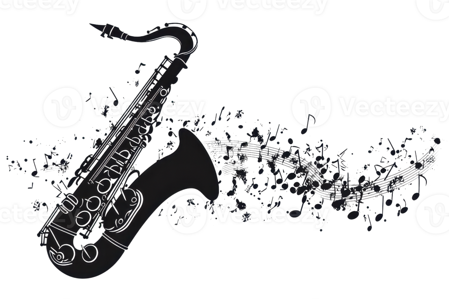 Artistic illustration of a saxophone with musical notes flowing from its bell, symbolizing the beauty and flow of music. png