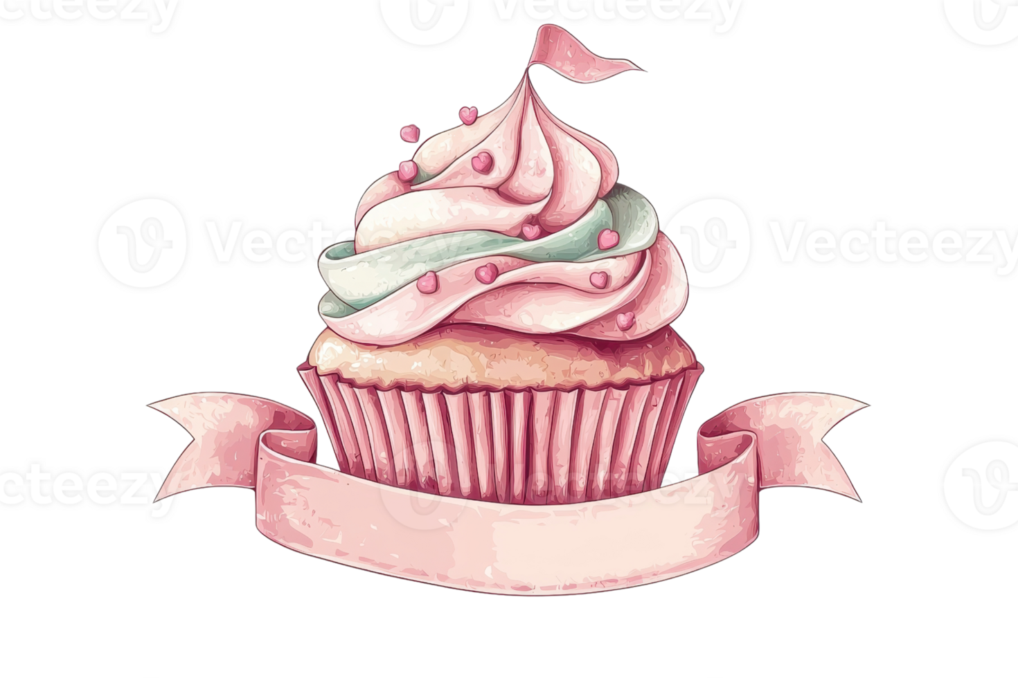 Beautiful pink cupcake with whimsical swirled frosting and decorative sprinkles, accented by a charming ribbon, perfect for celebrations. png