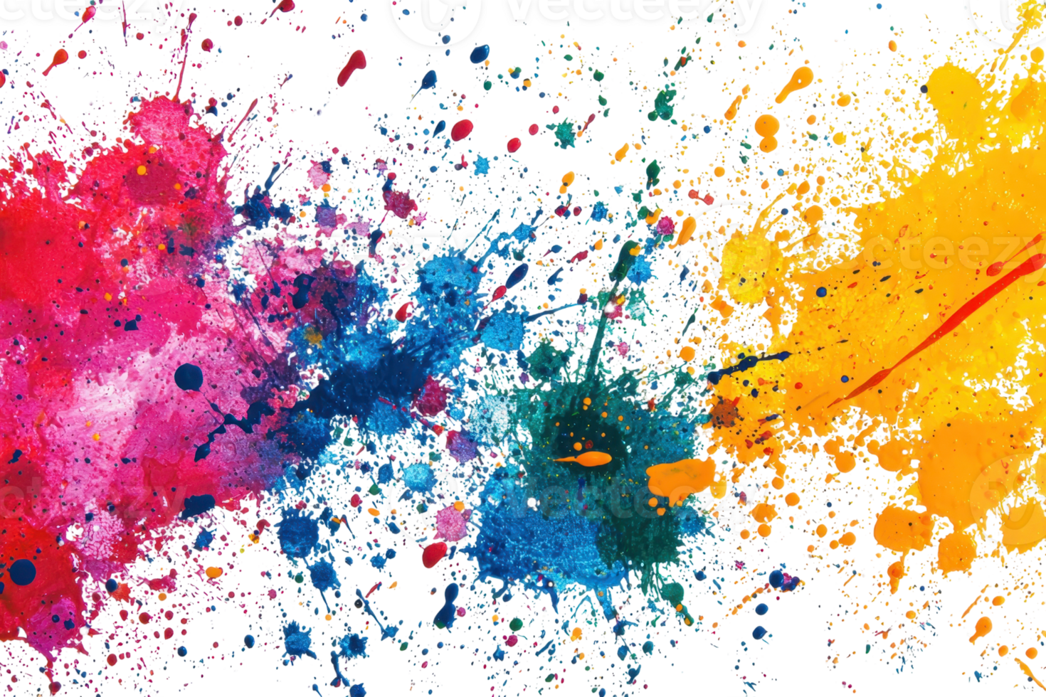 Vibrant explosion of multicolored paint splashes creating a dynamic and abstract background, showcasing a spectrum of vivid hues and energy. png