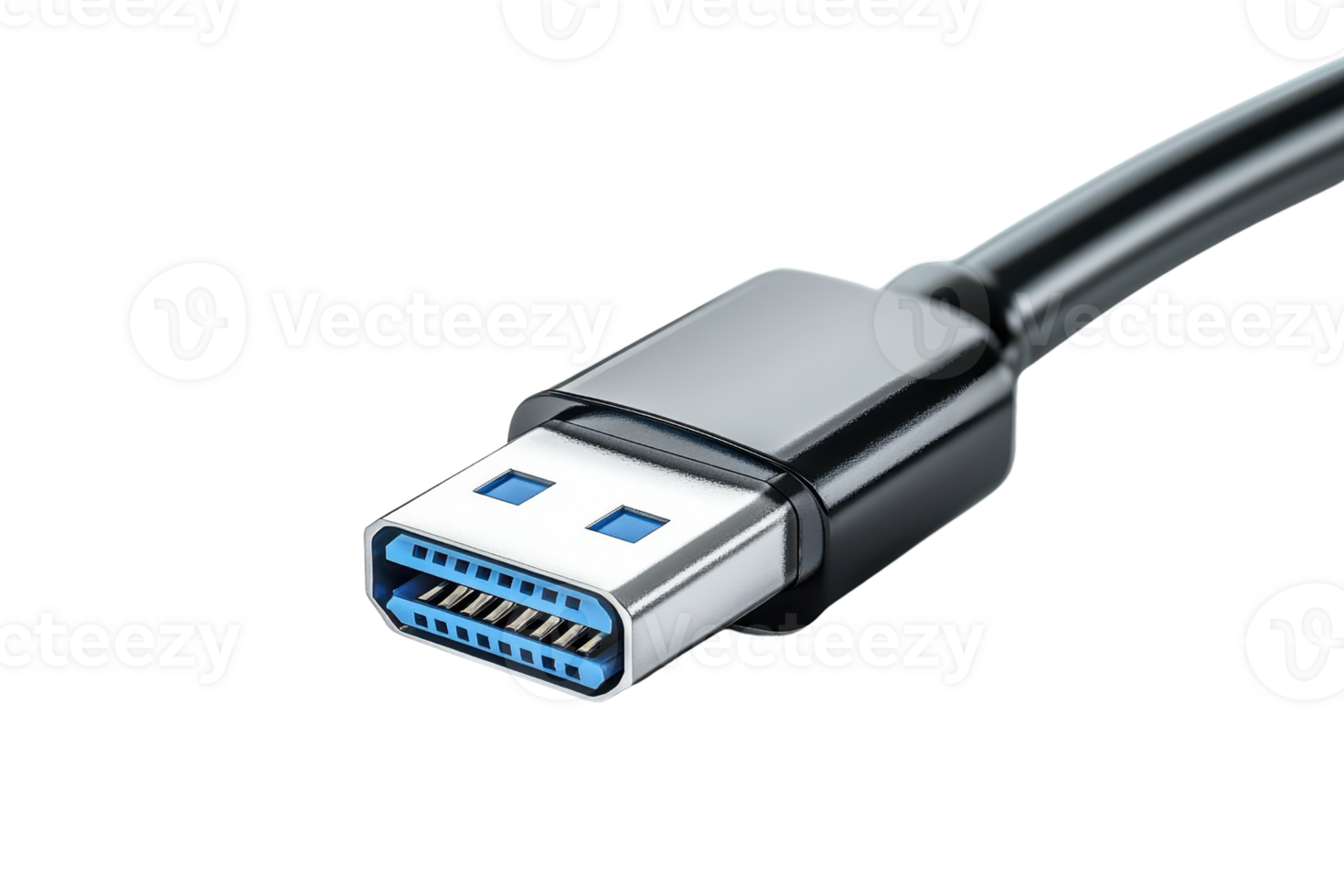 Close-up of a black USB cable with blue connectors on a transparent background. showcasing modern technology and connectivity essentials. png