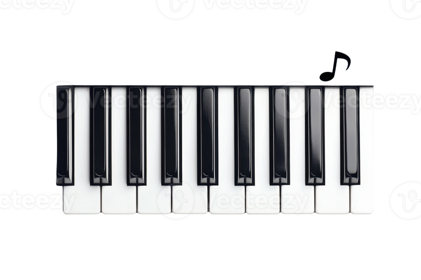 Close-up of a piano keyboard with eight white and black keys, showcasing a musical note. Perfect for music themes and creative designs. png