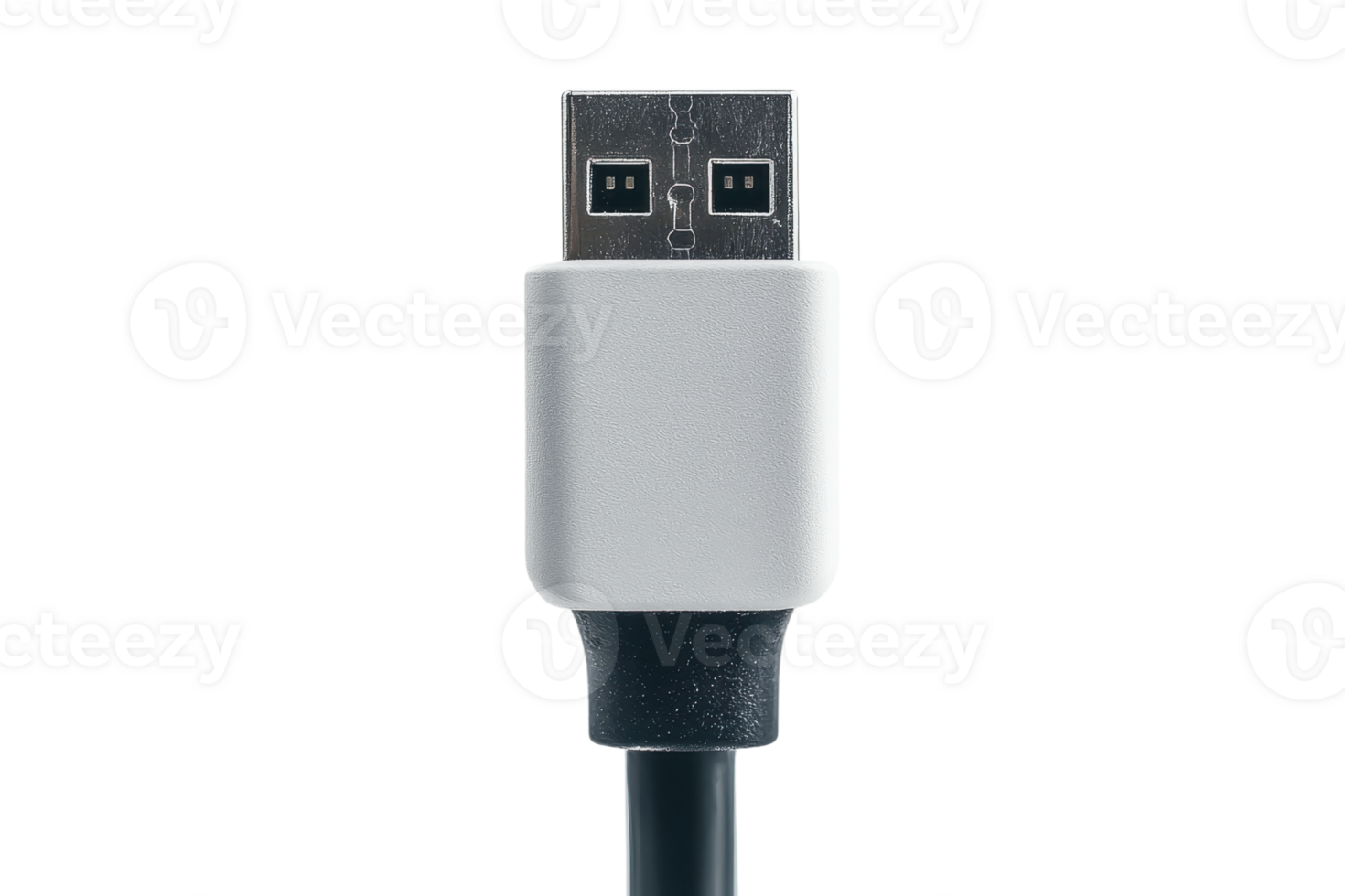Close-up of a silver and black USB connector isolated on transparent background. showing details of modern electronic accessory for data transfer. png