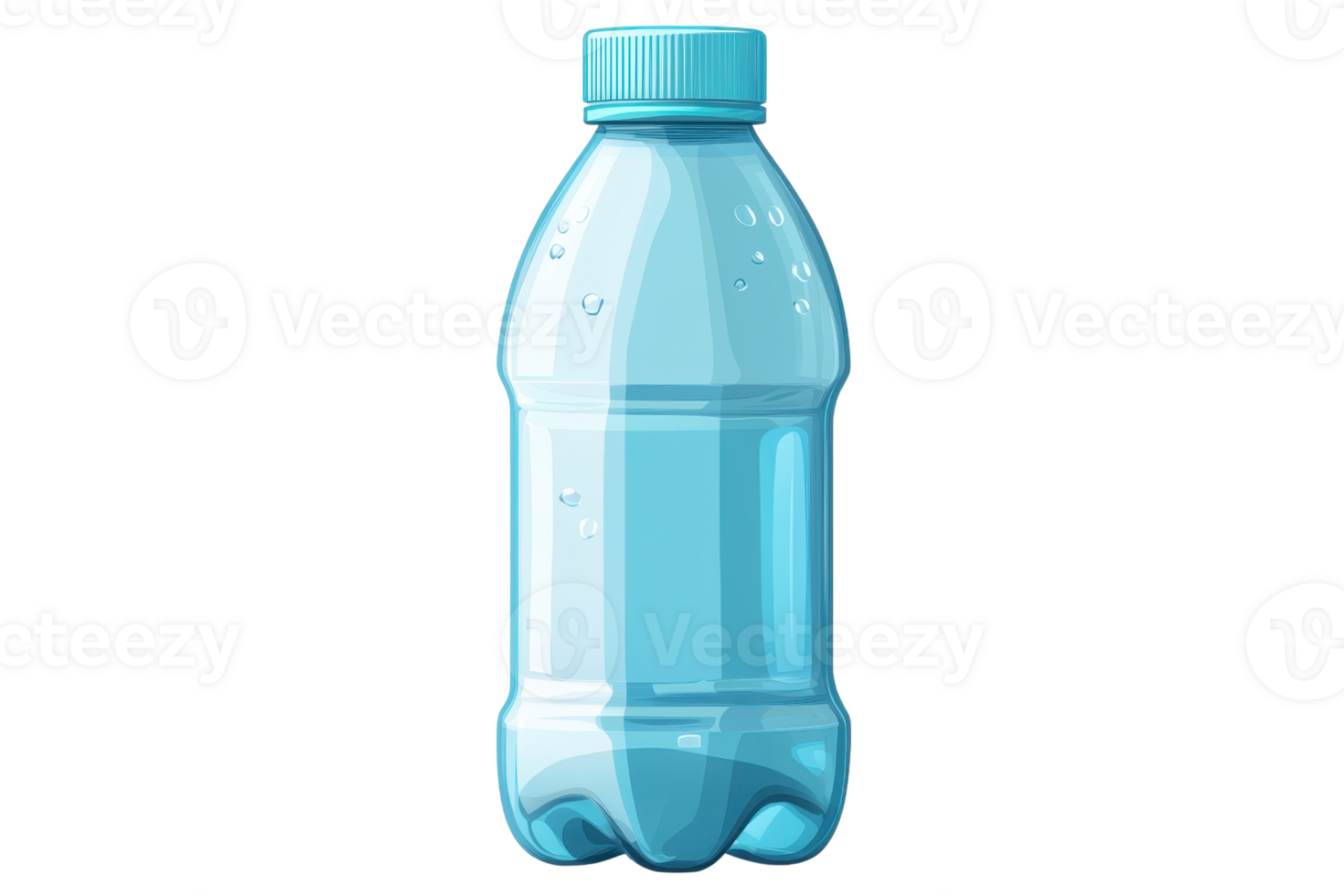 Clear plastic water bottle with a blue cap, showcasing droplets, isolated on a transparent background, ideal for hydration and travel themes. png