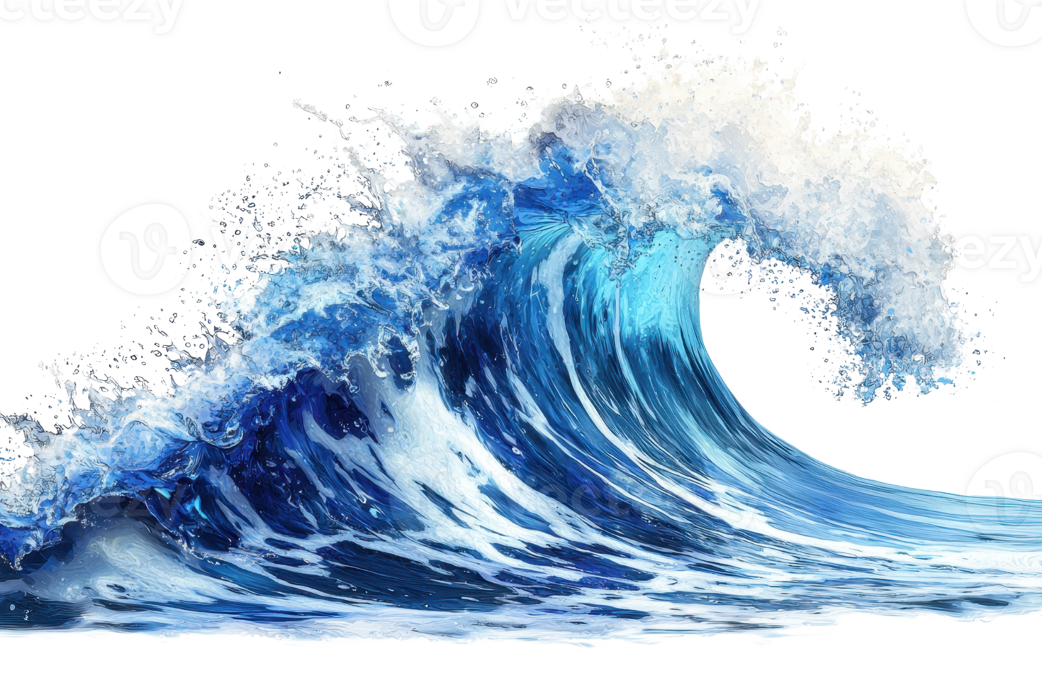 A dynamic, powerful ocean wave captured mid-crash, showcasing nature's force and beauty with vibrant blue tones and foamy splashes. png