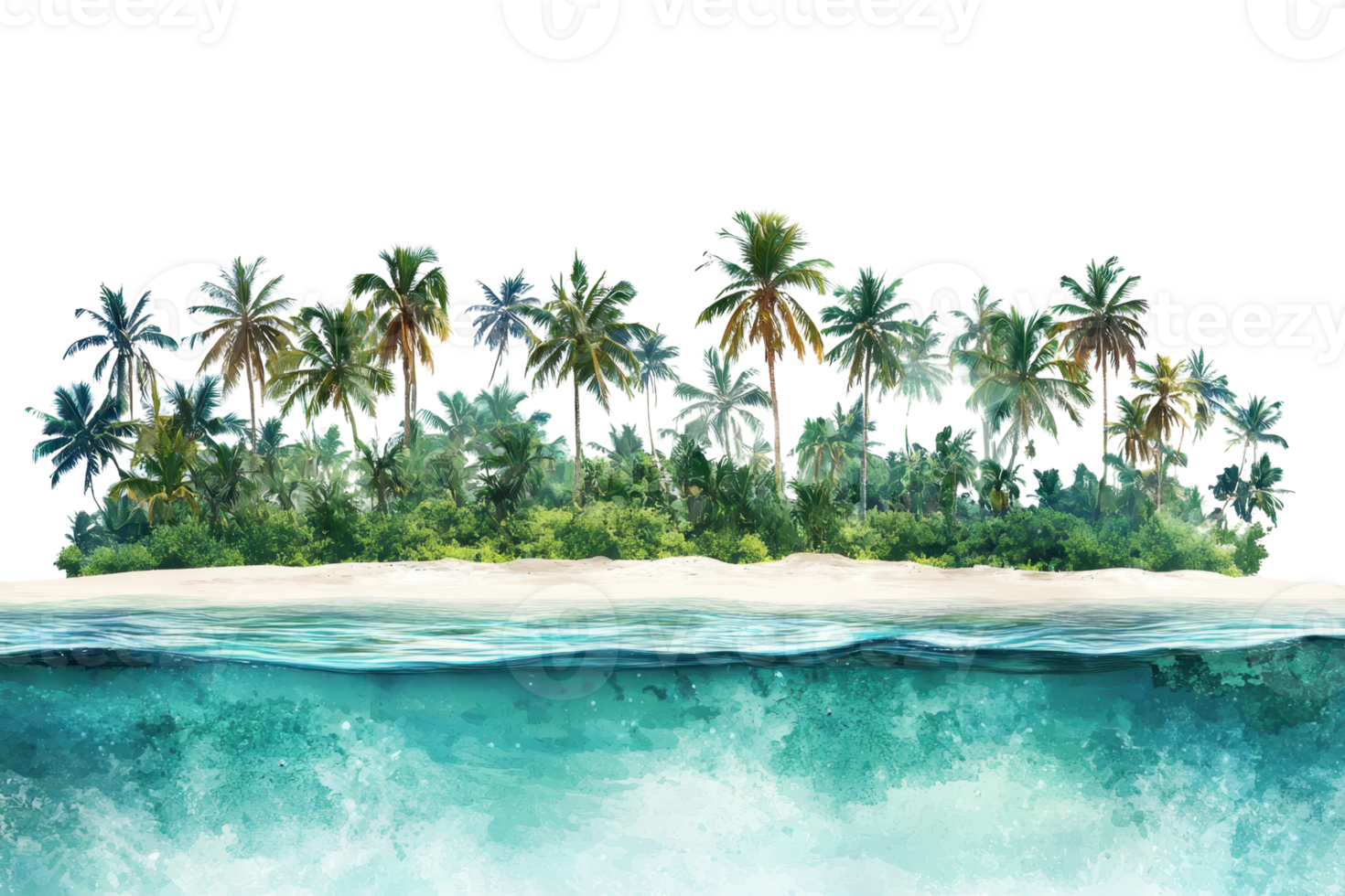 A serene tropical island surrounded by turquoise ocean waves and lush palm trees, perfect for a peaceful getaway or natural background. png