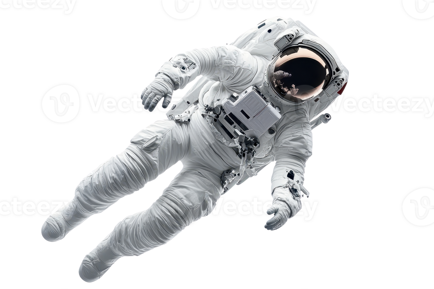Astronaut floating in space, wearing a white spacesuit and helmet, isolated on a transparent background, representing exploration and discovery. png