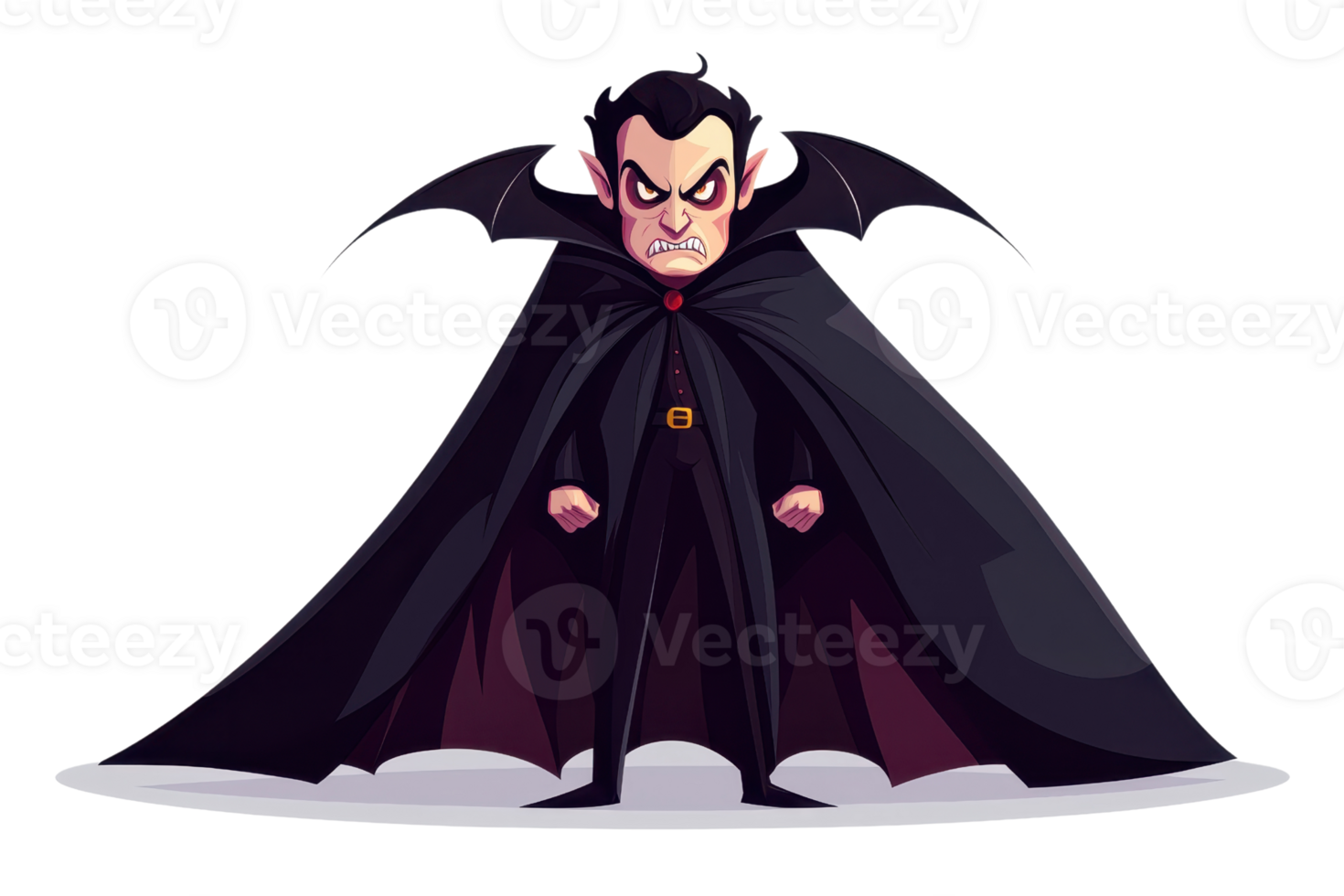 Cartoon vampire character with a cape, standing in a heroic pose. Perfect for Halloween themes and spooky projects. png