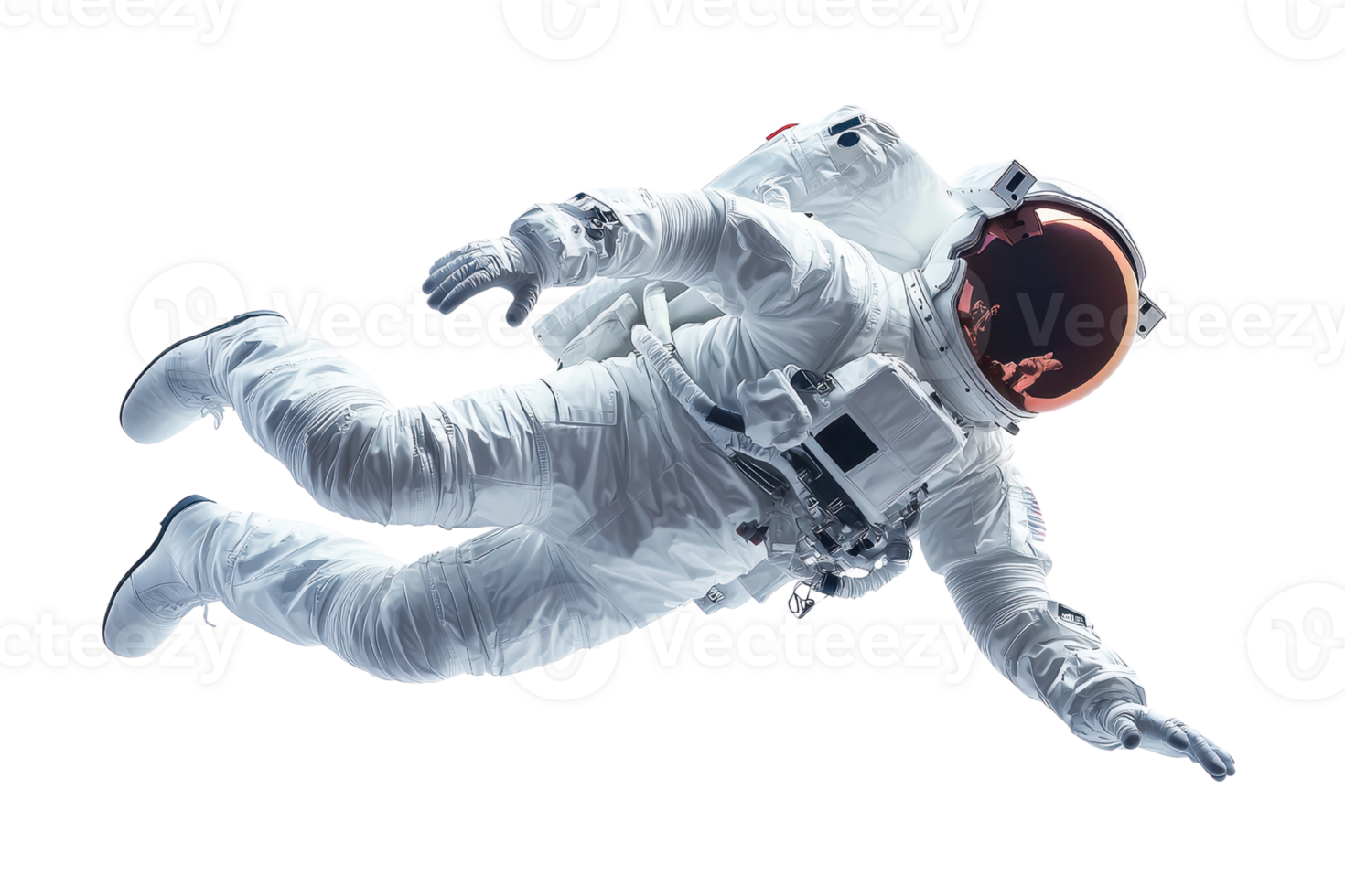 Astronaut floating in space showcasing weightlessness and exploration with a white suit, helmet, and reflective visor. png