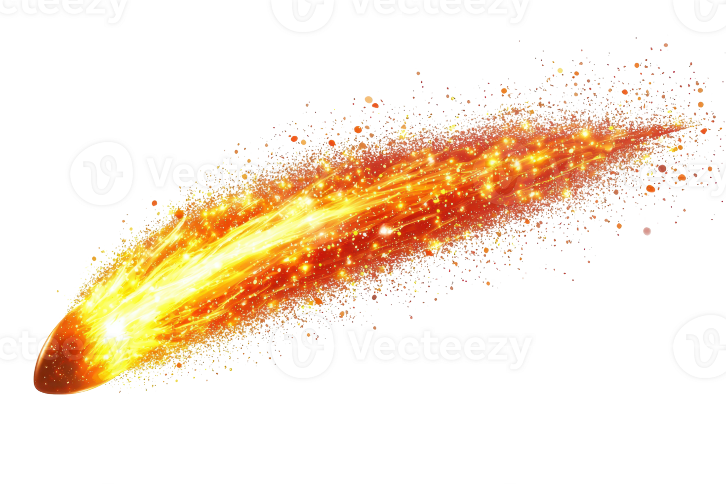 Bright fiery comet streaking across the dark night sky, illustrating speed and light in a cosmic space setting. png